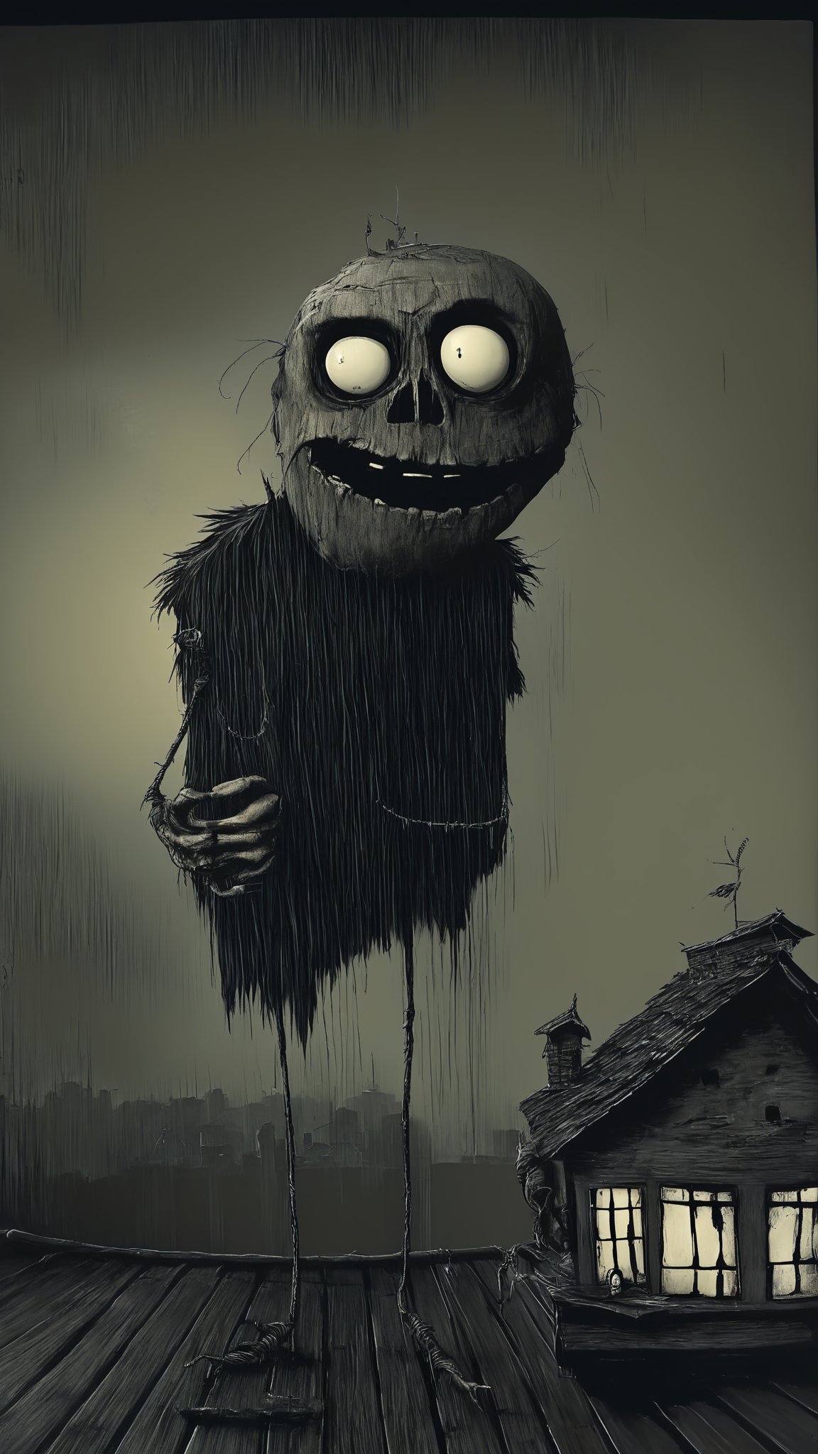 Fairy tale puppet cartoon character carlson who lives on the roof. completely darkened room, grainy, eerie setting, dark white tone. creepypasta - a rapper's view from the shadows. style by charlie bowett, albert joseph penaud, dariusz zawadzki. tetsuya ishida. zdzislaw beksinski. patrizia piccinini. mark powell. sven 37.