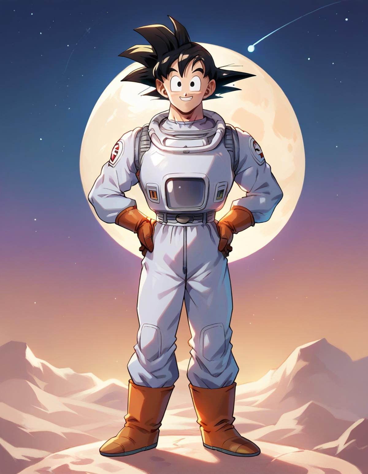 score_9, score_8_up, score_7_up,gokuxl, solo,1boy,  black eyes, looking at viewer,  full body, smile, spacesuit, happy, standing on the moon looking up to planet earth, hands on own hips, <lora:gokuxl-000004:0.9>,