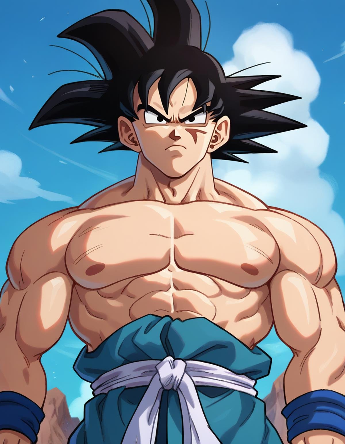 score_9, score_8_up, score_7_up,gokuxl, solo,1boy,  black eyes, looking at viewer, pectorals, wristband, sash, blue dougi, serious, portrait, battle damage, topless, from below, <lora:gokuxl-000004:1>, 