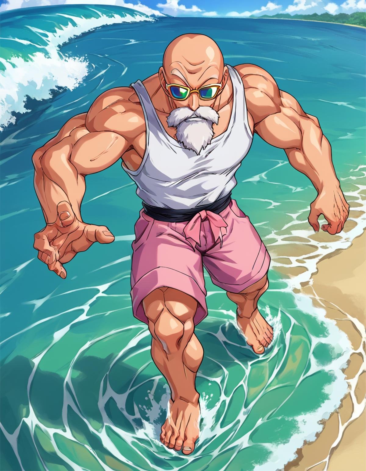 score_9, score_8_up, score_7_up, source_manga, colored,roshixl, 1boy, tank top, muscular male, pectorals, beach, wave, (dawn:1.3),glow, sunglasses, bald,  <lora:roshi:0.9>