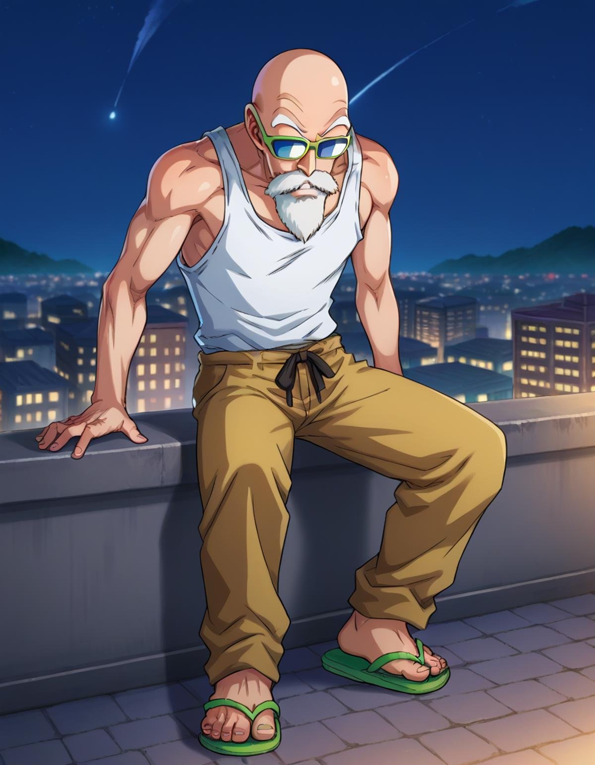 score_9, score_8_up, score_7_up, source_manga, colored,roshixl, 1boy, tank top, sunglasses, bald, male focus, slim, night, cityscape, sandals,  <lora:roshi:0.9>