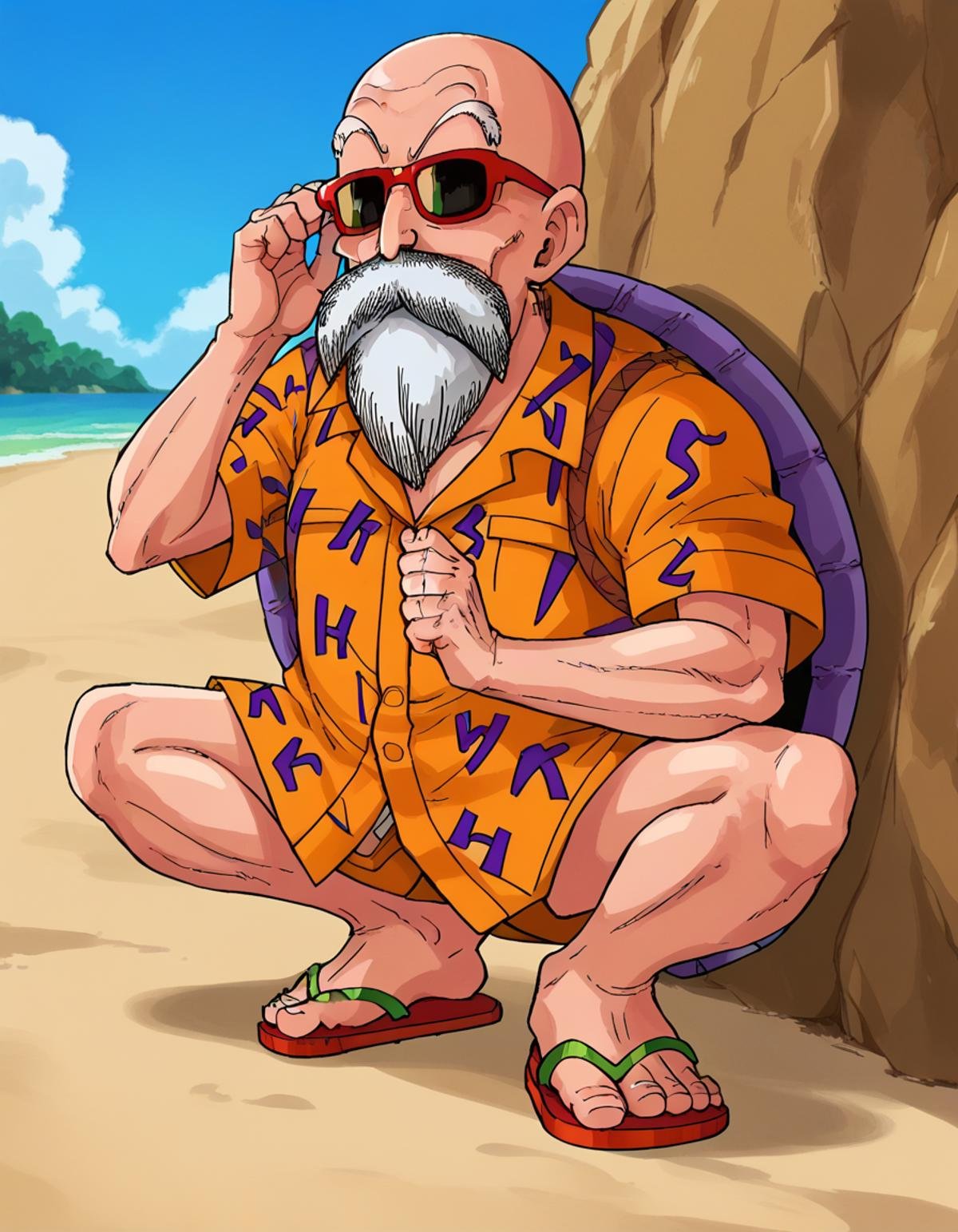 score_9, score_8_up, score_7_up,roshixl, solo, squatting, peeking,   simple background, 1boy, male focus,  sandals, sunglasses, beach,sky, red-framed eyewear, hawaiian shirt, shell,<lora:roshi:1>