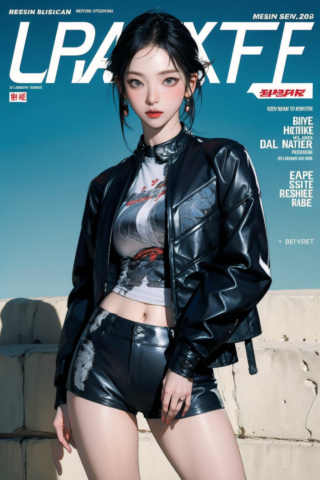 1girl, thigh up body, printed shirt, leather jacket, earrings, looking at viewer, magazine cover, aespakarina,