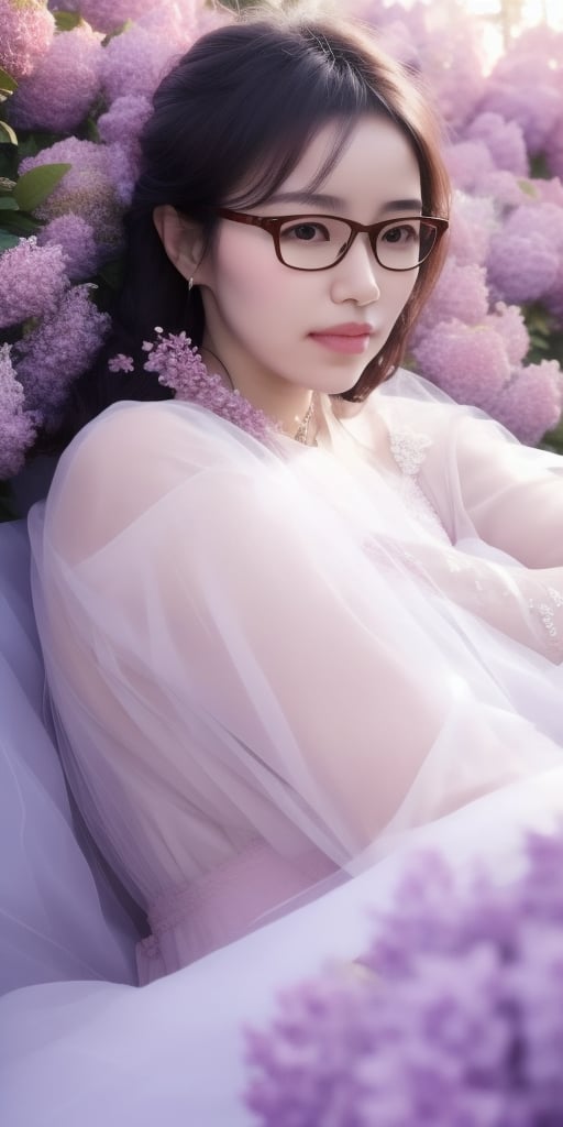 Surrealistic digital painting of a young woman with fair skin, Wearing women's glasses.curly fair hair, delicate facial features, enshrouded in a graceful, light pink fabric, slumbering among a plush hydrangea bed of pink and white blossoms, creating a dreamy, ethereal ambiance, palette consisting largely of pinks, whites, and lilacs, invoking a sense of serenity and tranquility, painterly strokes result in. A soft-focused portrait of a young woman with fair skin and curly brown hair with bangs, her delicate facial features illuminated by the gentle glow of a subtle pink fabric wrap. She slumbers amidst a plush hydrangea bed, where pink and white blossoms gently unfold, creating a dreamy, ethereal ambiance. Brushstrokes whisper whispers of pinks, whites, and lilacs, weaving a tapestry of serenity and tranquility. burlesque,shabby chic, fine art, epic, Boho gypsy, marquise, duchesse, dark fantasy.Wearing women's glasses