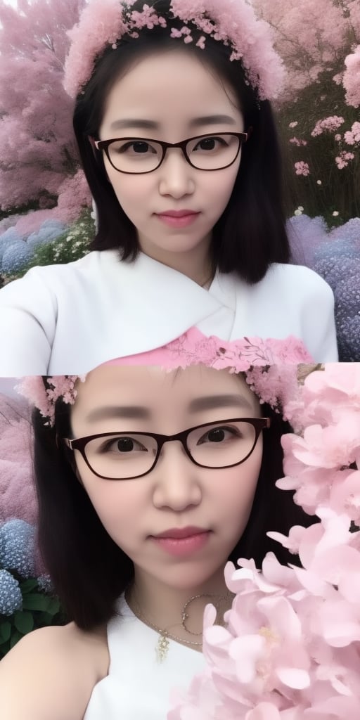 Surrealistic digital painting of a young woman with fair skin, Wearing women's glasses.curly fair hair, delicate facial features, enshrouded in a graceful, light pink fabric, slumbering among a plush hydrangea bed of pink and white blossoms, creating a dreamy, ethereal ambiance, palette consisting largely of pinks, whites, and lilacs, invoking a sense of serenity and tranquility, painterly strokes result in. A soft-focused portrait of a young woman with fair skin and curly brown hair with bangs, her delicate facial features illuminated by the gentle glow of a subtle pink fabric wrap. She slumbers amidst a plush hydrangea bed, where pink and white blossoms gently unfold, creating a dreamy, ethereal ambiance. Brushstrokes whisper whispers of pinks, whites, and lilacs, weaving a tapestry of serenity and tranquility. burlesque,shabby chic, fine art, epic, Boho gypsy, marquise, duchesse, dark fantasy.Wearing women's glasses