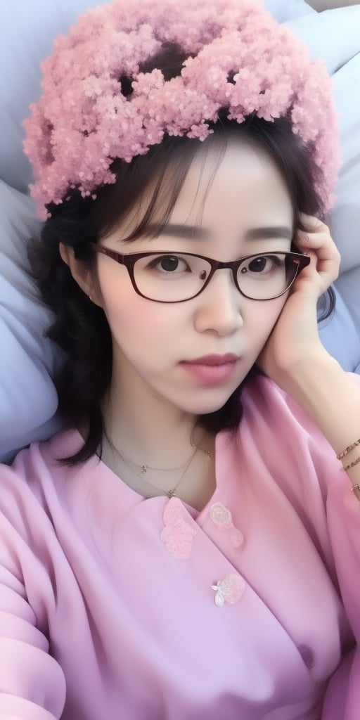 Surrealistic digital painting of a young woman with fair skin, Wearing women's glasses.curly fair hair, delicate facial features, enshrouded in a graceful, light pink fabric, slumbering among a plush hydrangea bed of pink and white blossoms, creating a dreamy, ethereal ambiance, palette consisting largely of pinks, whites, and lilacs, invoking a sense of serenity and tranquility, painterly strokes result in. A soft-focused portrait of a young woman with fair skin and curly brown hair with bangs, her delicate facial features illuminated by the gentle glow of a subtle pink fabric wrap. She slumbers amidst a plush hydrangea bed, where pink and white blossoms gently unfold, creating a dreamy, ethereal ambiance. Brushstrokes whisper whispers of pinks, whites, and lilacs, weaving a tapestry of serenity and tranquility. burlesque,shabby chic, fine art, epic, Boho gypsy, marquise, duchesse, dark fantasy.Wearing women's glasses