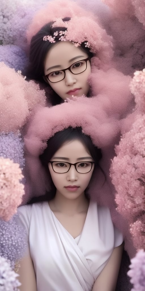 Surrealistic digital painting of a young woman with fair skin, Wearing women's glasses.curly fair hair, delicate facial features, enshrouded in a graceful, light pink fabric, slumbering among a plush hydrangea bed of pink and white blossoms, creating a dreamy, ethereal ambiance, palette consisting largely of pinks, whites, and lilacs, invoking a sense of serenity and tranquility, painterly strokes result in. A soft-focused portrait of a young woman with fair skin and curly brown hair with bangs, her delicate facial features illuminated by the gentle glow of a subtle pink fabric wrap. She slumbers amidst a plush hydrangea bed, where pink and white blossoms gently unfold, creating a dreamy, ethereal ambiance. Brushstrokes whisper whispers of pinks, whites, and lilacs, weaving a tapestry of serenity and tranquility. burlesque,shabby chic, fine art, epic, Boho gypsy, marquise, duchesse, dark fantasy.Wearing women's glasses