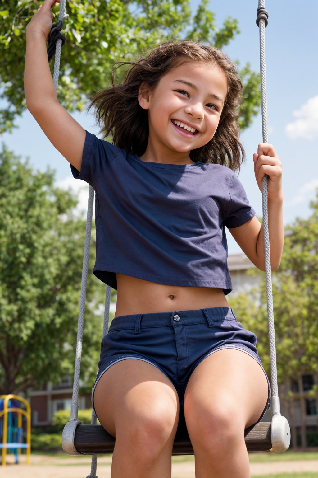 From a spy's perspective, capture a candid shot of an 11-year-old tween girl with a captivating and alluring physique, dressed in casual childhood attire, playing on the swings at a sunny playground. Her youthful energy and carefree laughter radiate as she soars through the air, her bright smile illuminating her face under the warm afternoon sunlight.