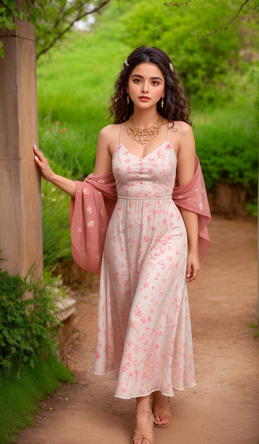 A young woman with sun-kissed skin and curly locks poses effortlessly on a lush green hillside, her bohemian style radiating through a flowy white dress with floral patterns, paired with a statement necklace and worn-out sandals. Soft golden light filters through the trees, casting dappled shadows on the landscape.