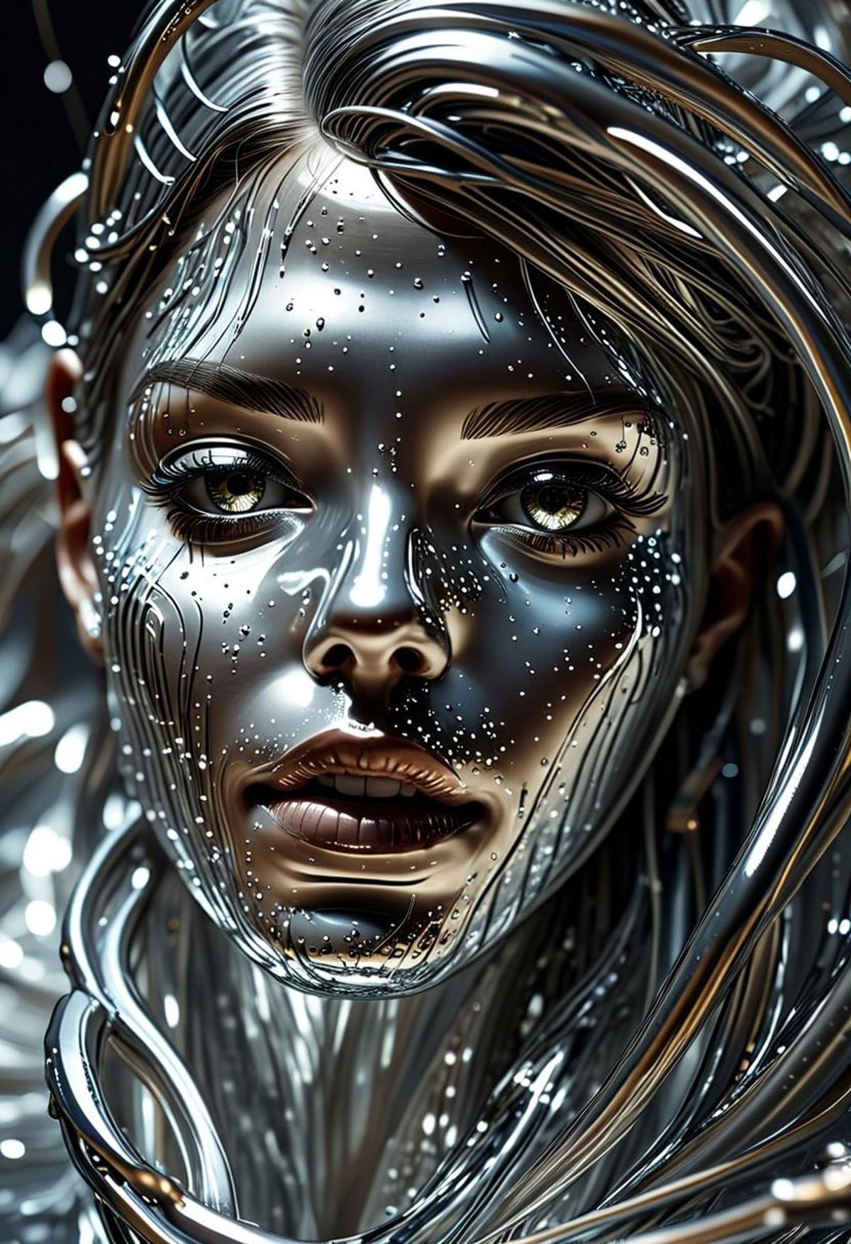 A woman immersed in liquid metal, with spectral reflections creating an ethereal and surreal atmosphere. Reflective, spectral colors, shimmering, futuristic, high detail, photorealistic, silver, metallic, intricate details, hyper-realistic, surrounded by swirling liquid metal, high contrast, glowing, mesmerizing, surreal, digital art, high resolution, trending on ArtStation, ultra-realistic lighting,<lora:LIQUID_METAL:1.5>, [ 3D rendering, 3d style, hyper detailed, octane render, Unreal engine 5, RTX shader, hyper detailed texture with reflection, HDR, ultra realistic, raytracing]