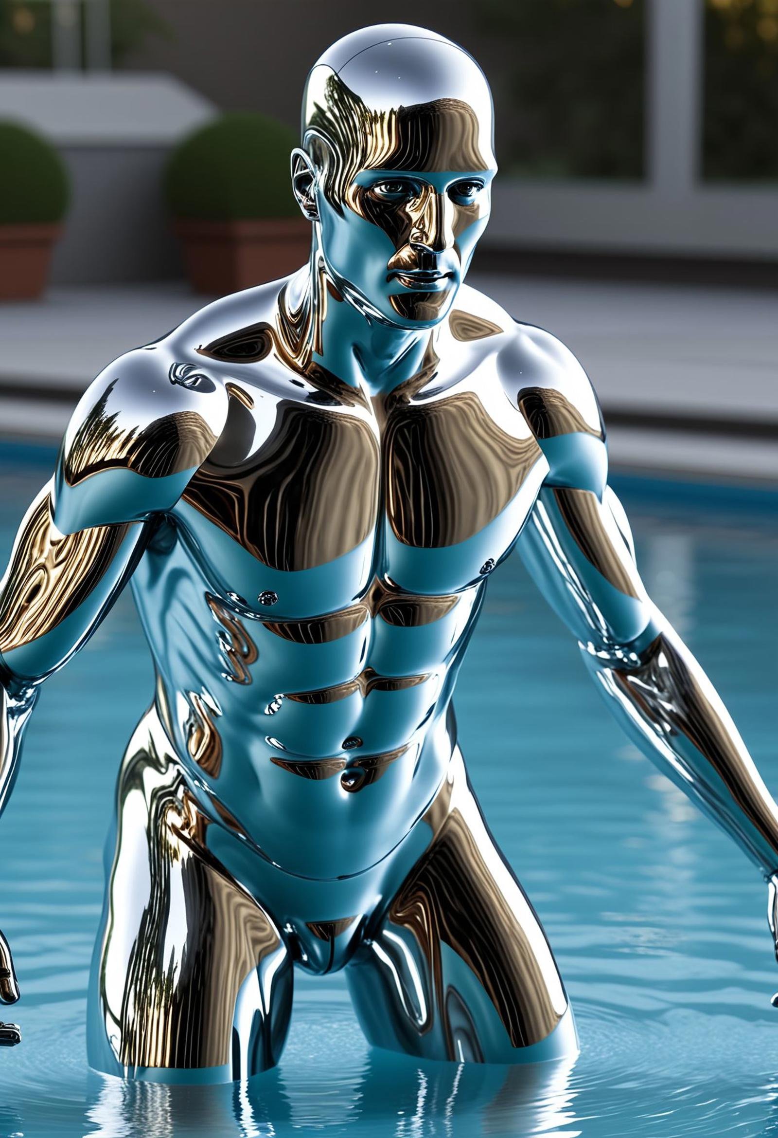 a liquid metal man emerging from a pool of liquid metal, with reflective and smooth surfaces, highly detailed, trending on ArtStation, intricate details, hyper-realistic, shiny, metallic sheen, sci-fi, futuristic, high resolution, digital art, photorealistic, chrome, <lora:LIQUID_METAL:1>, [photography, realistic, photorealistic, 8k, highly detailed, cinematic lighting, intricate details, high resolution, award-winning,   correct focus, realistic, realistic lighting, highly detailed,  masterpiece], ((Cinematic Still-Shot))