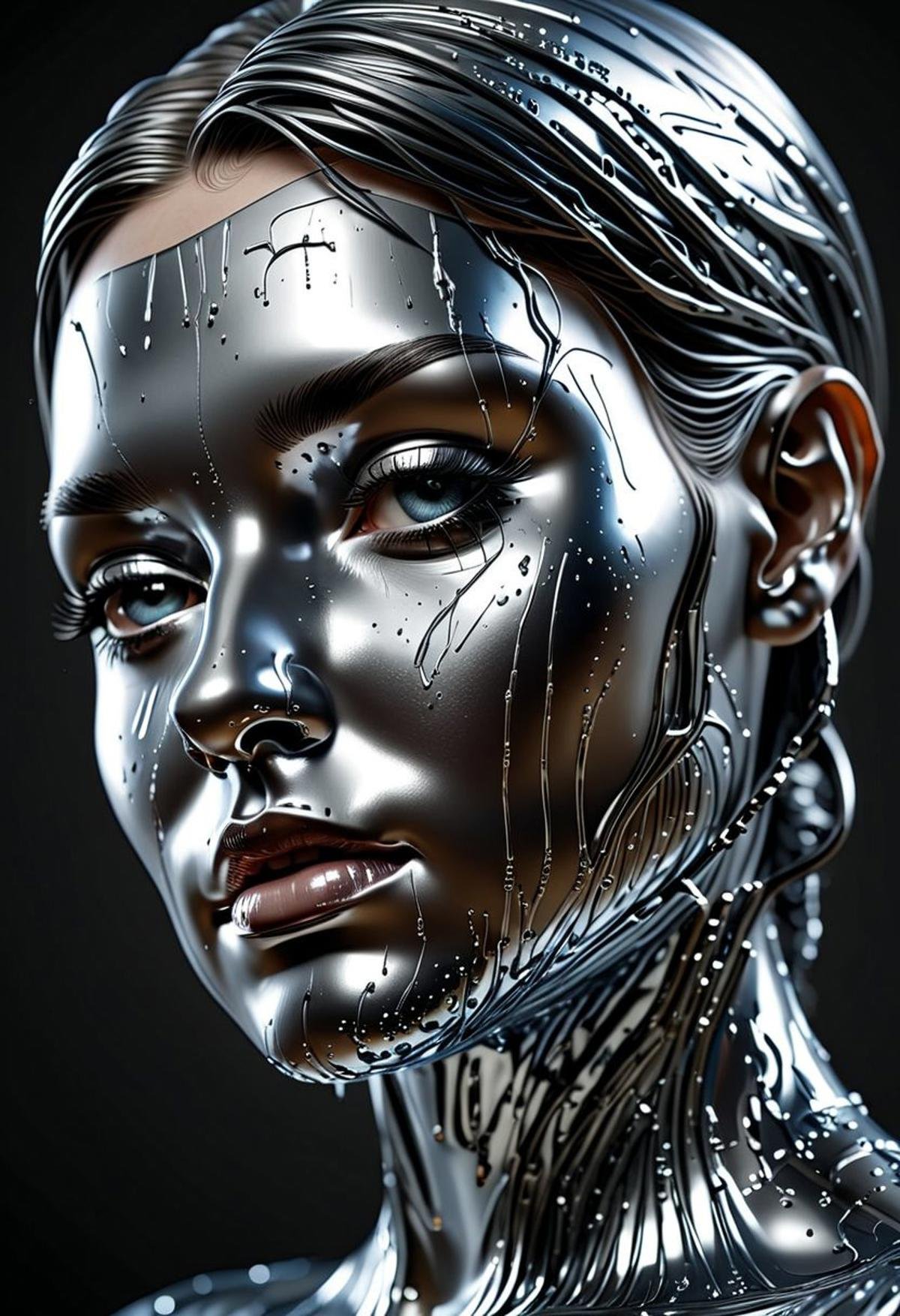 A woman made of liquid metal, with molten metal dripping down her face in intricate rivulets. Metallic sheen, reflective, detailed texture, flowing, dynamic, sci-fi, futuristic, high-tech, liquid metal, silver, metallic blue, shiny, glossy, detailed expression, intricate details, digital art, high detail, photorealistic, metallic texture, cyberpunk, intense lighting, dramatic shadows, dark background, futuristic setting, artistic, high resolution, commercial use. <lora:LIQUID_METAL:1>, [ 3D rendering, 3d style, hyper detailed, octane render, Unreal engine 5, RTX shader, hyper detailed texture with reflection, HDR, ultra realistic, raytracing]