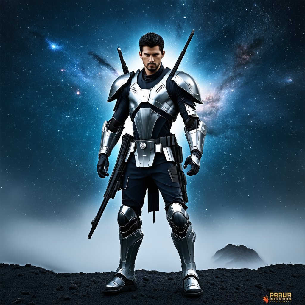 A dynamic image of a warrior from the Giải Ngân Hà universe, dressed in futuristic combat attire. The warrior stands poised in a ready stance, with advanced weaponry and armor reflecting a mix of traditional and high-tech elements. The scene is set in a dramatic lighting environment, emphasizing the sleek lines and metallic textures of the battle gear. The composition captures the warrior's intense gaze and the fluid motion of their posture, set against a backdrop of a star-filled cosmos, highlighting the otherworldly nature of their mission.