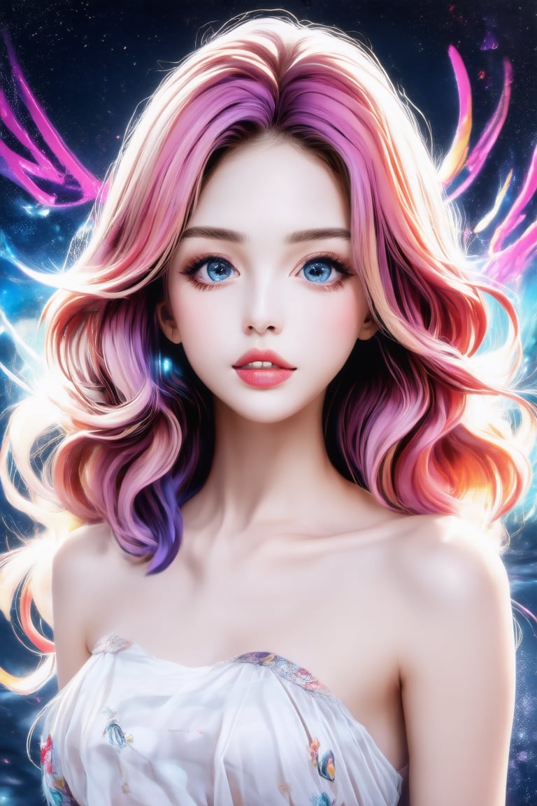 A captivating portrait of a mix colors  medium hair style, big wavy locks framing her radiant face. Behind her, a vibrant digital abstract visuals adds a pop of color to the serene atmosphere.,Enhance,Realistic Enhance,Cartoon,digital art