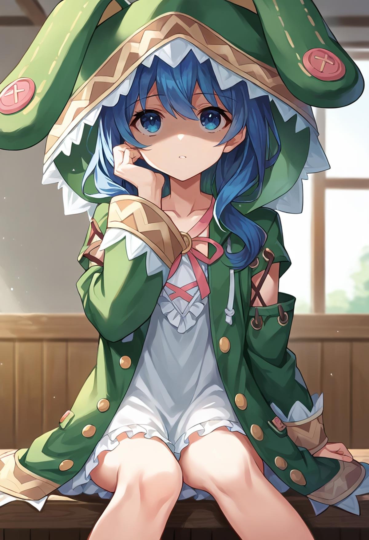 score_9, score_8_up, score_7_up, source_anime, masterpiece, 1girl, ct_y0shin0, blue hair, green coat, rabbit hood, detached sleeves, cross-laced dress, collarbone, looking at viewer, indoors, depth of field, day, looking up, hand on own chin, sitting, wooden floor, from below, shaded face, <lora:Yoshino_Himekawa_Pony_ct_ver3:0.9>