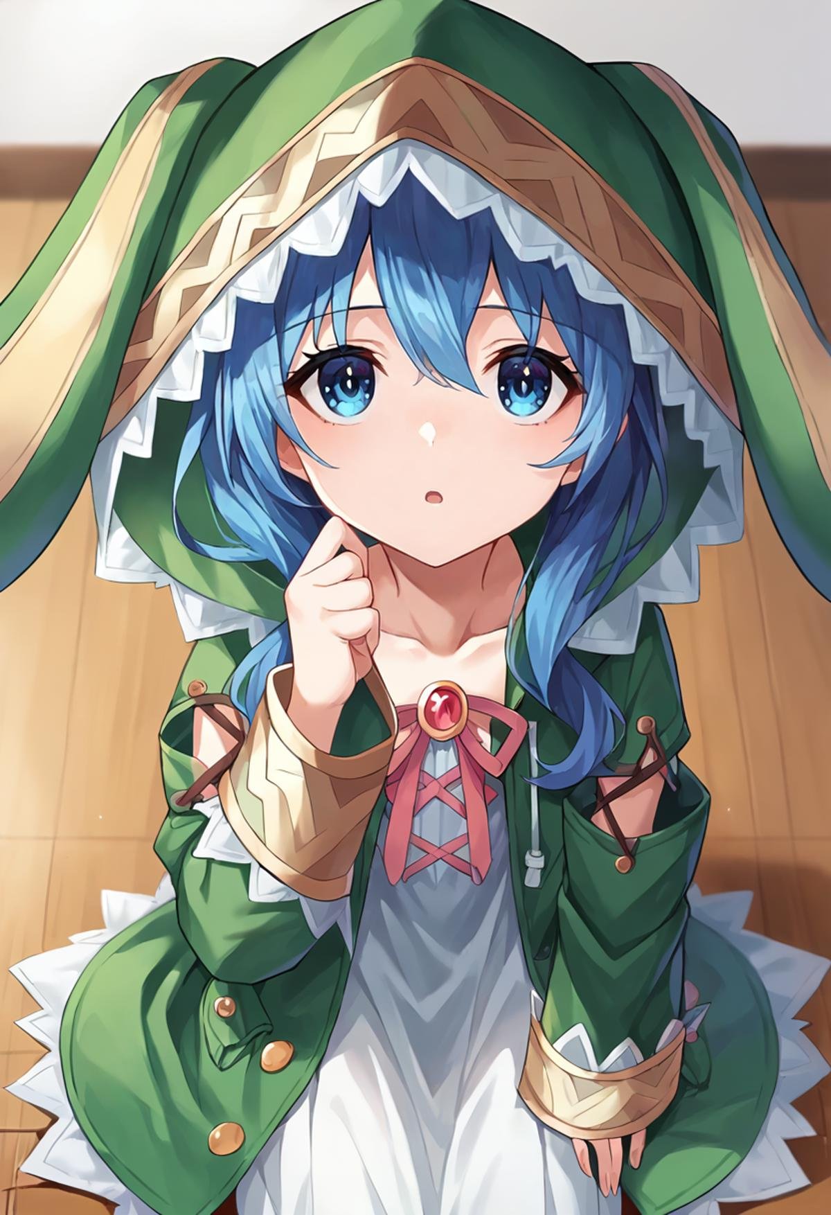 score_9, score_8_up, score_7_up, source_anime, masterpiece, 1girl, ct_y0shin0, blue hair, green coat, rabbit hood, detached sleeves, cross-laced dress, collarbone, looking at viewer, indoors, depth of field, day, looking up, foreshortening, hand up, chestnut mouth, from above, sitting, wooden floor, <lora:Yoshino_Himekawa_Pony_ct_ver3:0.9>