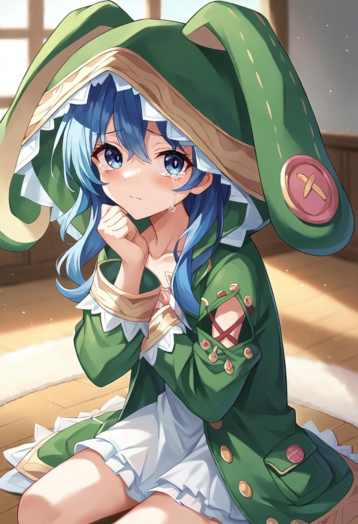 score_9, score_8_up, score_7_up, source_anime, masterpiece, 1girl, ct_y0shin0, blue hair, green coat, rabbit hood, detached sleeves, cross-laced dress, collarbone, looking at viewer, indoors, depth of field, day, hand on own chin, sitting, wooden floor, crying, <lora:Yoshino_Himekawa_Pony_ct_ver3:0.9>