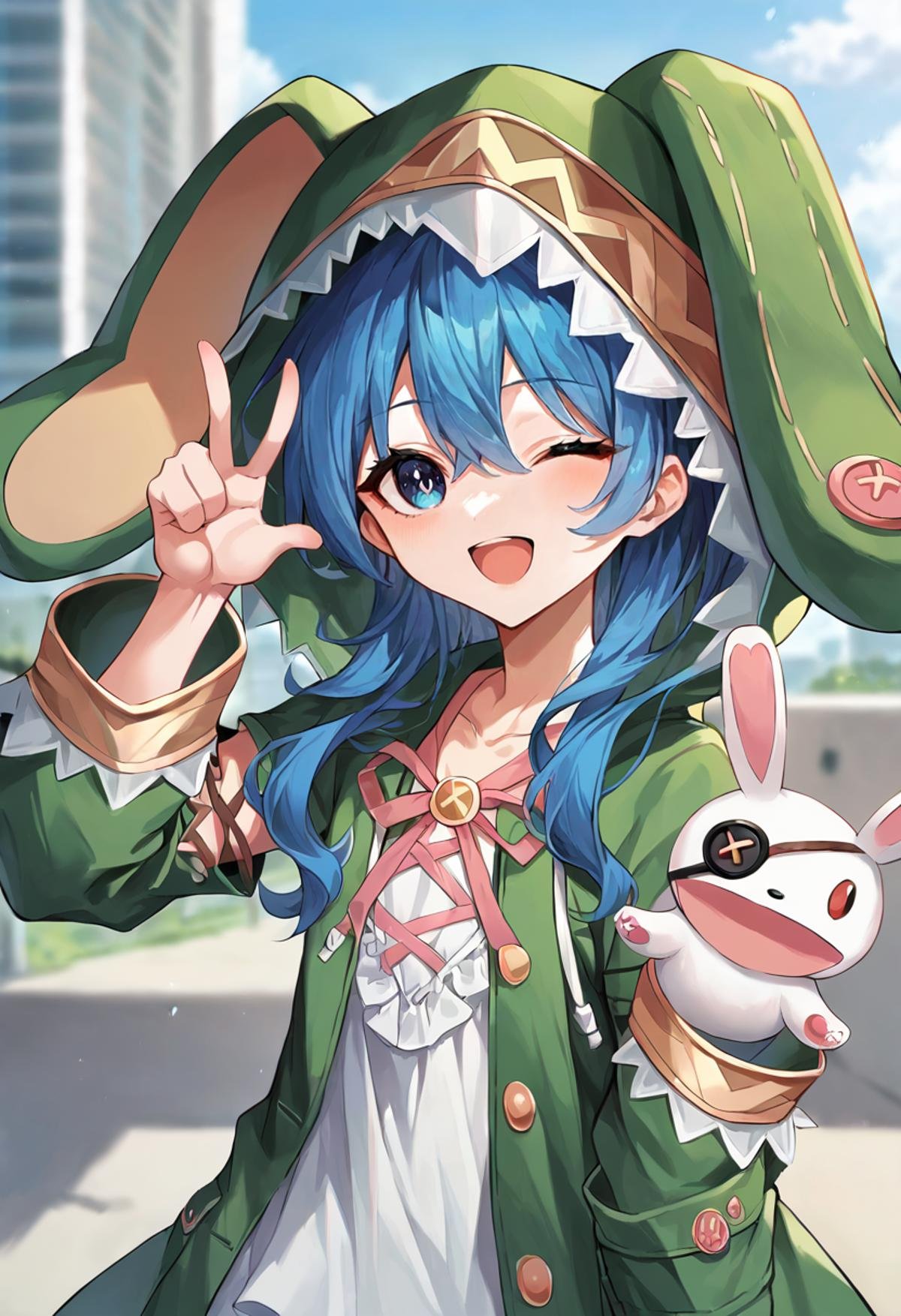 score_9, score_8_up, score_7_up, source_anime, masterpiece, 1girl, ct_y0shin0, blue hair, green coat, rabbit hood, detached sleeves, cross-laced dress, collarbone, looking at viewer, outdoors, depth of field, day, city, hand puppet, one eye closed, happy,<lora:Yoshino_Himekawa_Pony_ct_ver3:0.9>