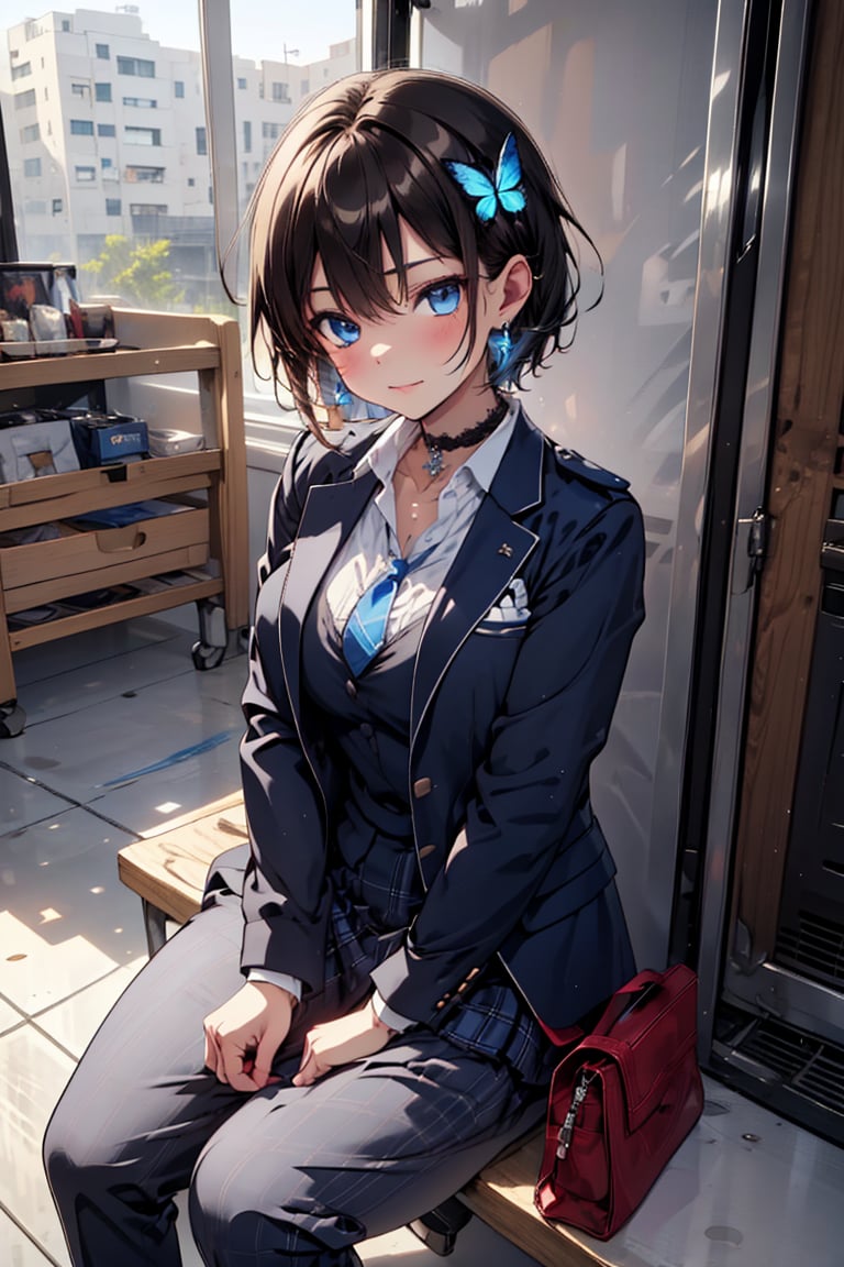 (masterpiece, best quality), high resolution, artistic composition, cute, pretty, ((solo, one girl), (boyish girl), (very short hair, very short hair), girl who looks like a boy, girl dressed like a boy, active girl,
Blake, (full body), (sitting),
((wearing sneakers)), socks, (beautiful blue eyes), jewel-like blue eyes, ((shiny black hair)), black hair, (inside colored hair), blue back hair, two-tone hair, Blake, (school bag), holding bag, cross lace choker, cross necklace, cross earrings, (short pointed ears, succubus demon ears :0.5), Blake, blue butterfly hair accessory, (cross hairpin), (small pink hair accessory near ear :0.4), Blake, (dark blue blazer uniform), navy blue high school uniform,
Blake, (checked slacks :1.3), (Checked uniform pants), (Thick blazer uniform), (Blue tie), White dress shirt, No military uniform, (No formal wear, No black uniform: 0.5), Collarbone, Chest, Uniform, (Succubus, Voluptuous feminine beauty: 0.4), Break, (Train shoes), Boyish sneakers, High school boy's shoes, No black shoes, White socks