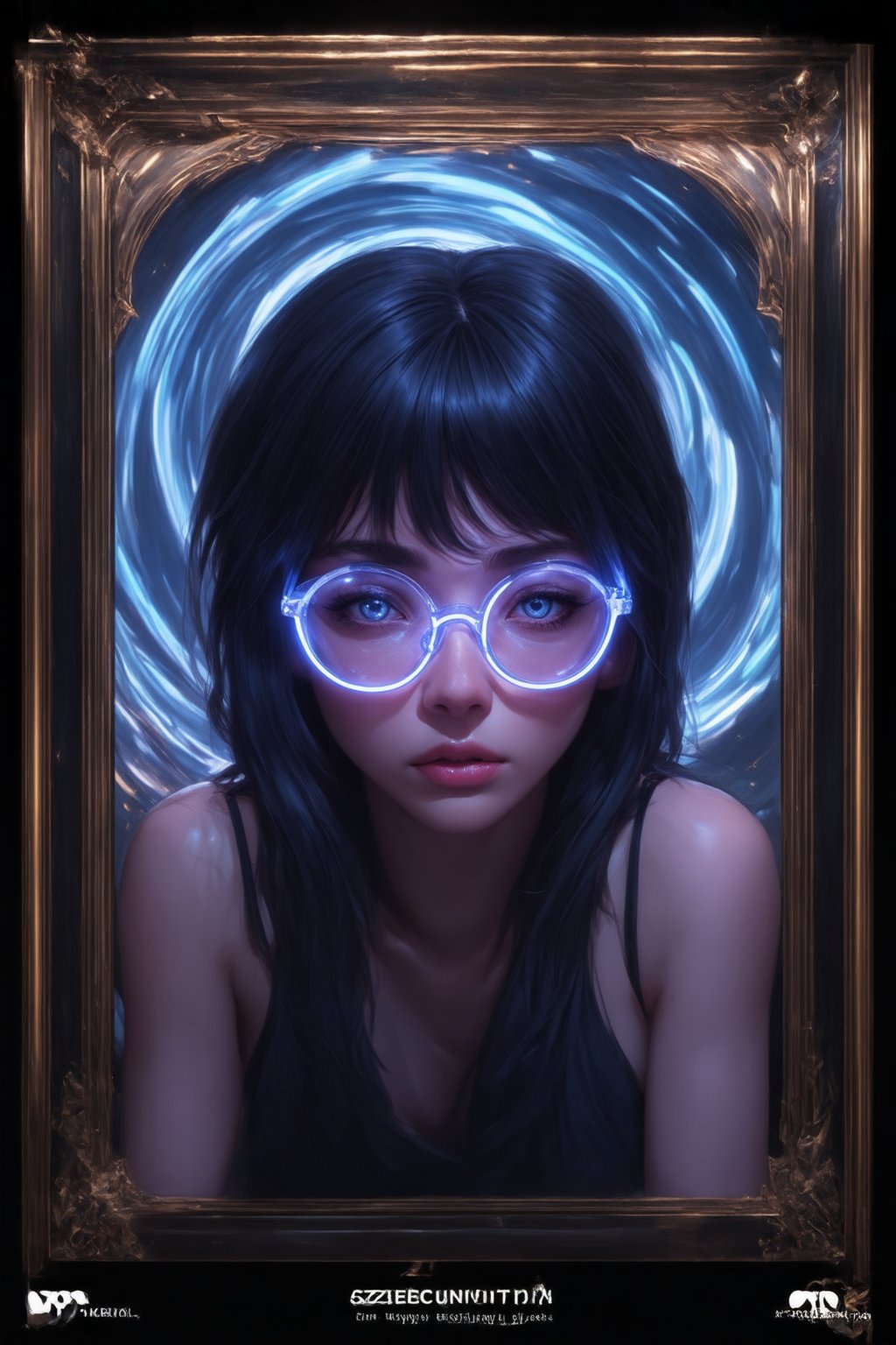 A futuristic fantasy scene unfolds: a cyberpunk girl with clear neon glasses, her gaze piercing through the digital haze. Framed within a golden ratio composition, she sits amidst intricate, decadent details, set against a deep background of swirling metallic hues. The lighting is sublime, with rim light casting an ethereal glow on her face, while subsurface scattering imbues her skin with a lifelike quality. Her eyes, a masterpiece of detailed design, sparkle like diamonds in the UHD rendering. Art by artgerm, loish, or wlop, this concept art piece is a heartwarming, uplifting, and charming digital painting on Artstation, worthy of admiration in its 32k UHD resolution.