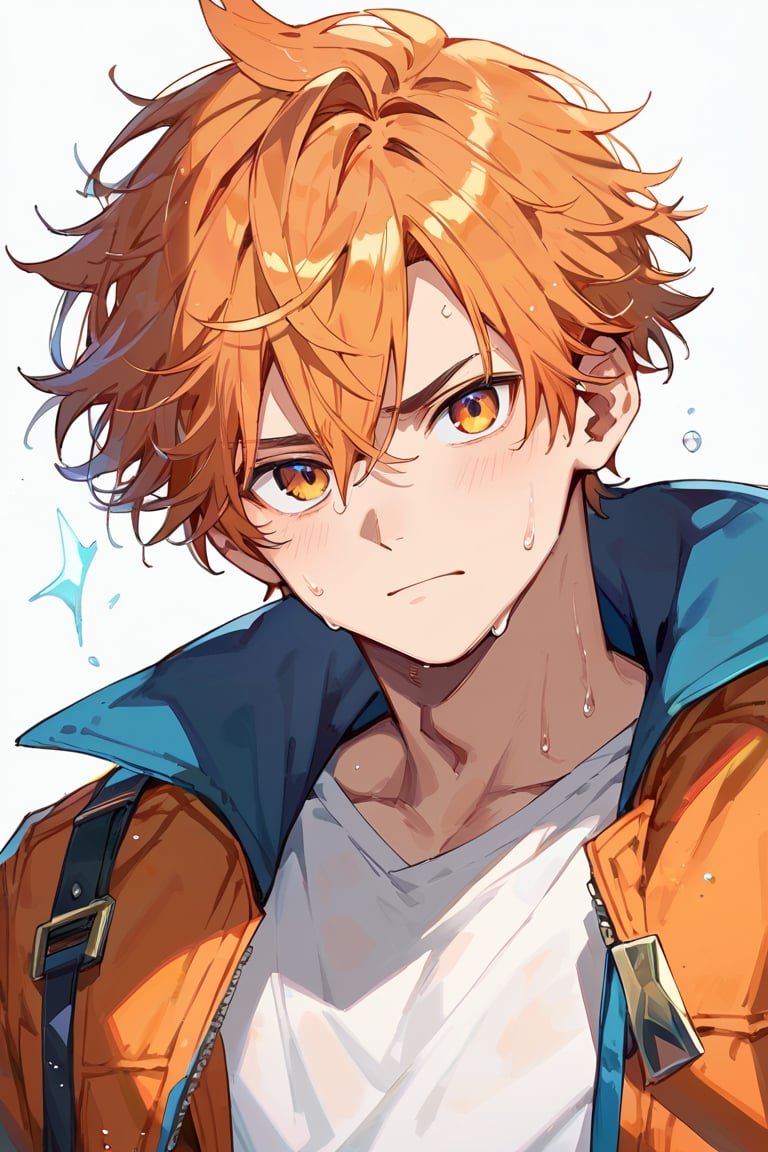 score_9, score_8_up, score_7_up, masterpiece, best quality, 1boy, male focus, looking at viewer, sweating,Murand ,orange hair, orange_jacket, BREAK, white shirt