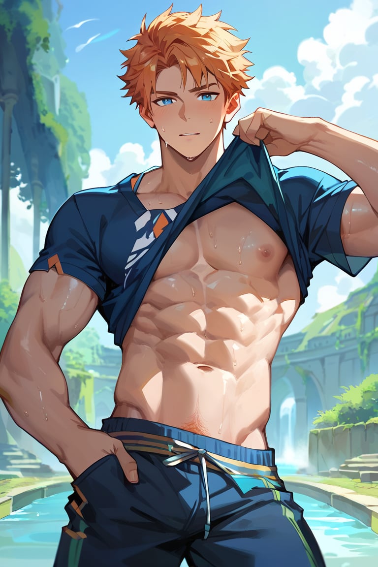 score_9, score_8_up, score_7_up, masterpiece, best quality, 1boy, male focus, looking at viewer, sweating,blue eyes,Murand ,orange hair, abs