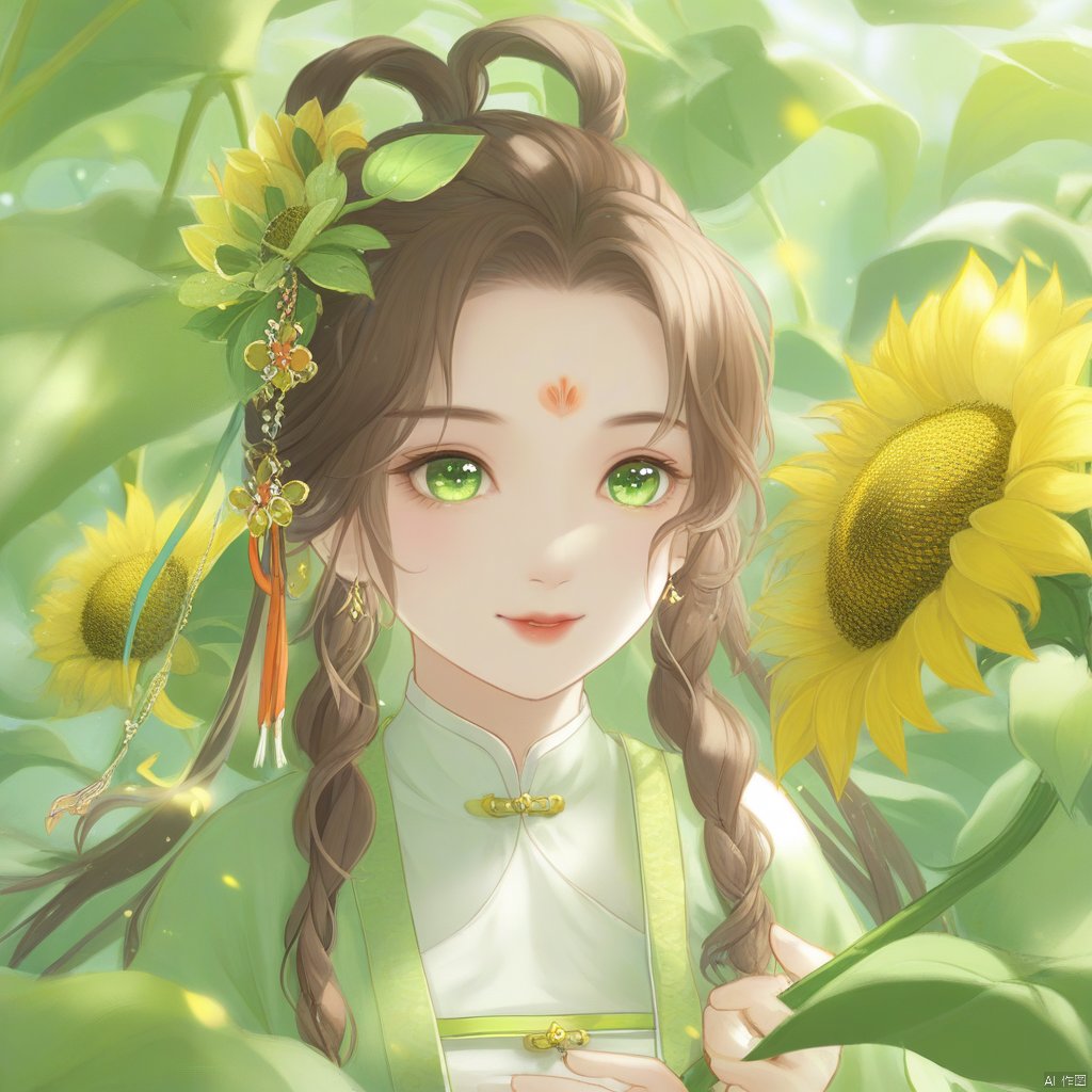 古风厚涂插画,一个女孩儿。1girl, flower, solo, green eyes, sunflower, brown hair, braid, hair ornament, upper body, facial mark, holding flower, long hair, holding, forehead mark, hair rings, long sleeves, twin braids, looking at viewer, blurry, leaf, yellow flower, closed mouth, parted bangs, bow, smile, chinese clothes, day, ribbon, eyelashes, lips, blurry background, outdoors, hanfu, hair ribbon, nature, hair stick, light particles