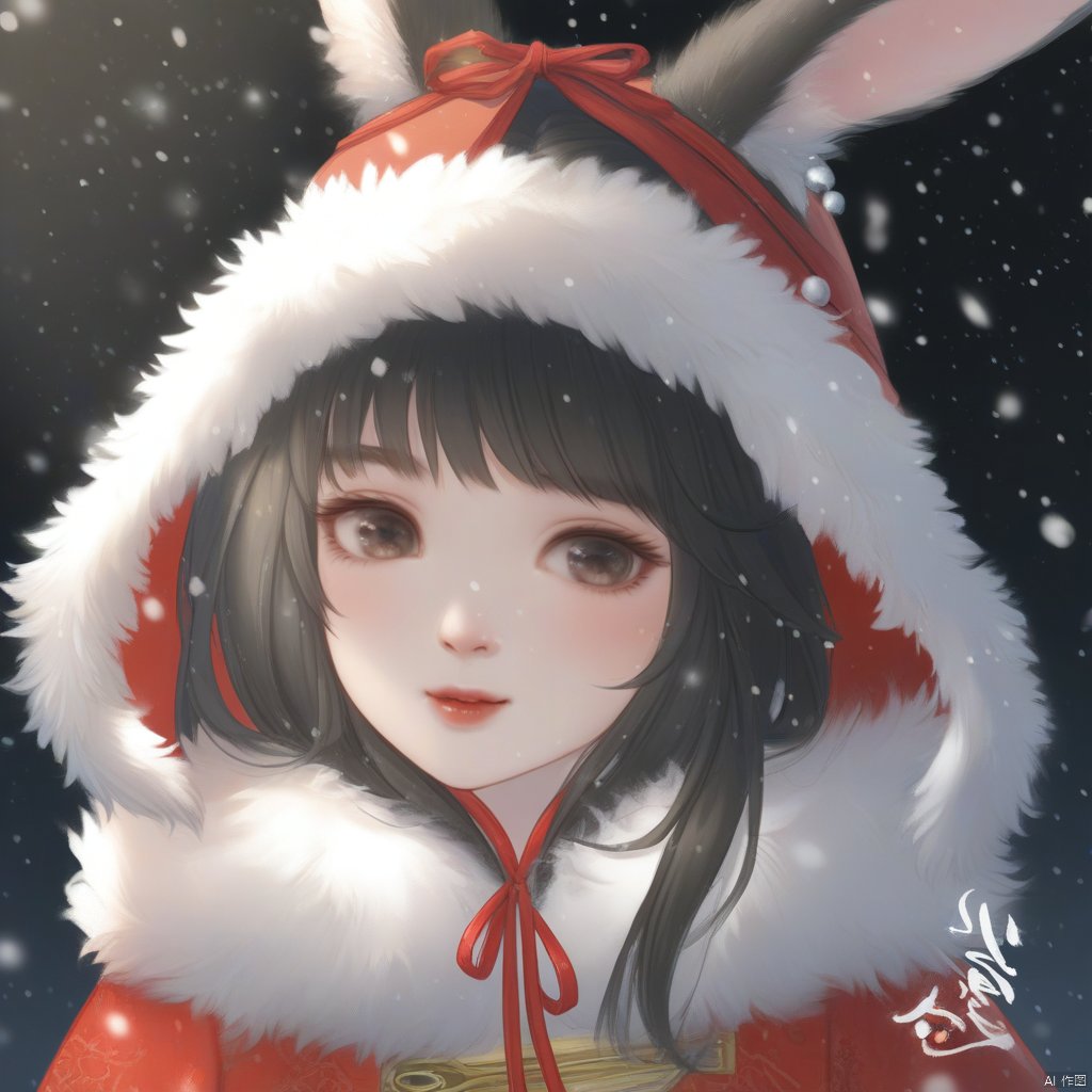 古风厚涂插画,一个女孩儿。1girl, solo, black hair, bug, upper body, butterfly, parted lips, black background, snowing, long hair, brown eyes, fur trim, snow, looking at viewer, hood, animal hood, rabbit ears, ribbon