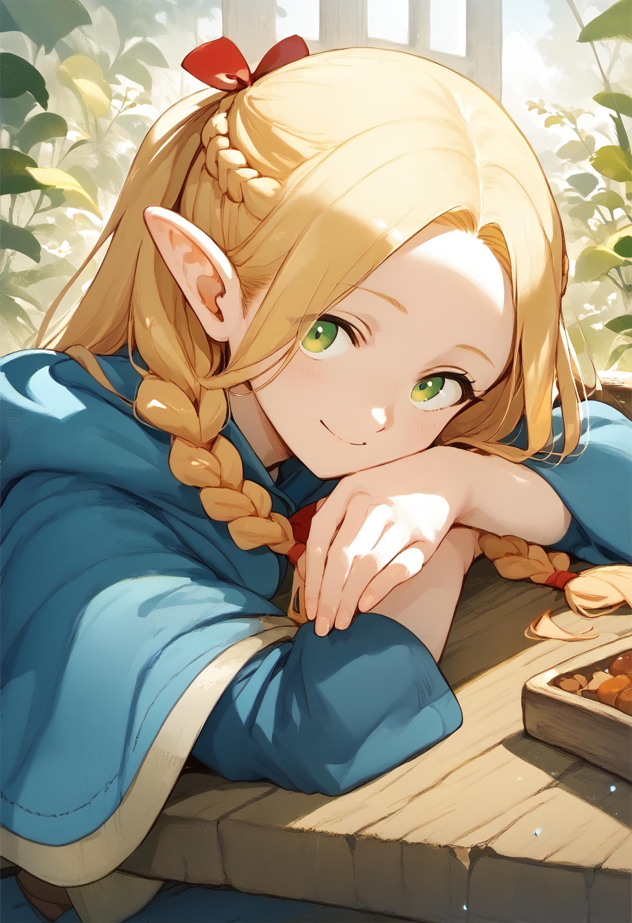 score_9, score_8_up, score_7_up, (head rest arm rest:1.2), 1girl, marcille, blue capelet, french braid twin braids, looking at viewer, light smile<lora:head_rest_arm_rest_pony_1:1.2><lora:falin_marcille_pony_d16:0.8>