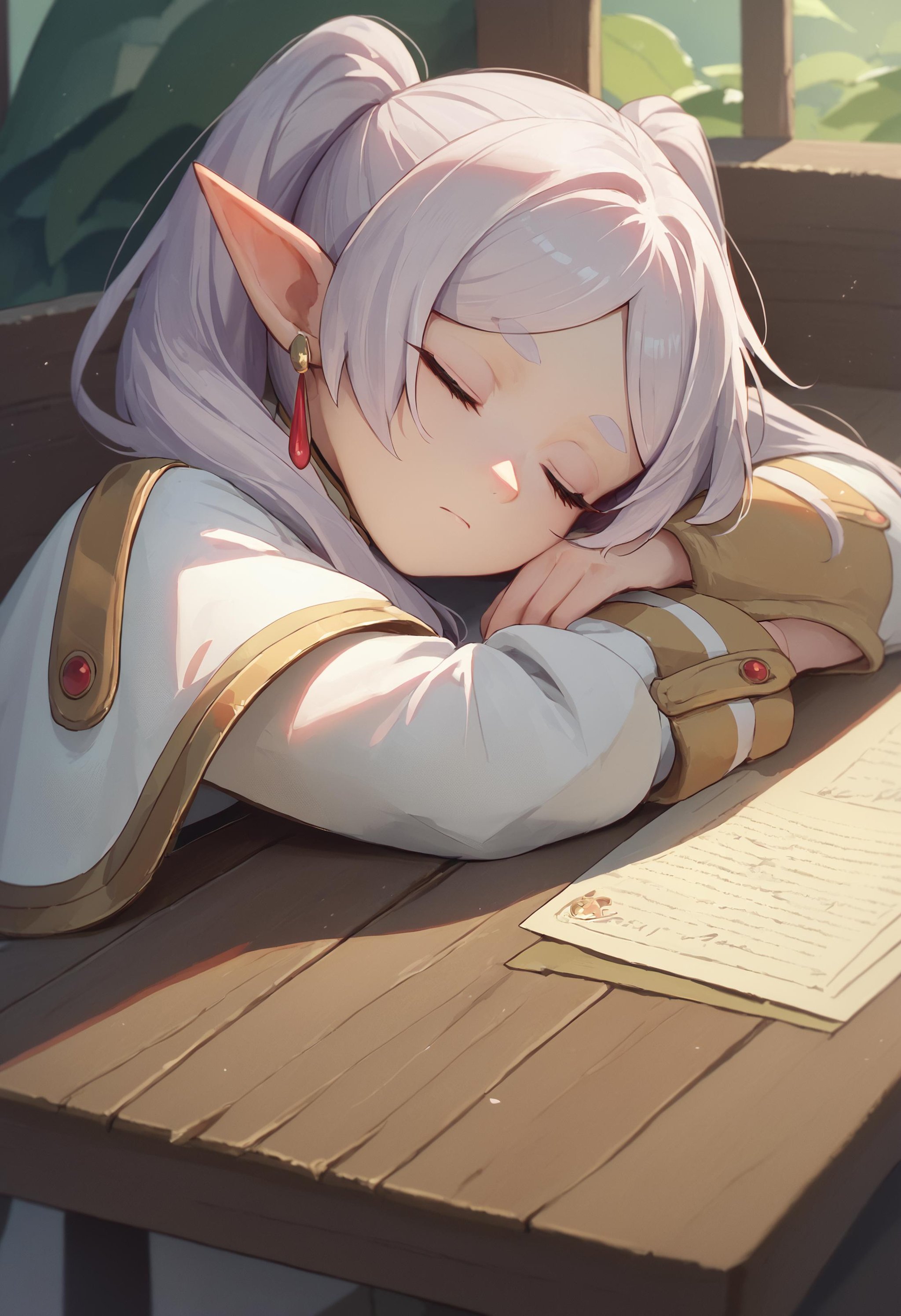 score_9, score_8_up, score_7_up, head rest arm rest, 1girl, sleeping, table<lora:head_rest_arm_rest_pony_1:1>BREAKscore_9_up score_8_up score_7_up, nereirfpnxl, frieren, pointy ears, twintails, earrings, elf, parted bangs, white hair, white capelet, capelet, long sleeves<lora:others_frieren_nereirfpnxl_pony_v2:1>