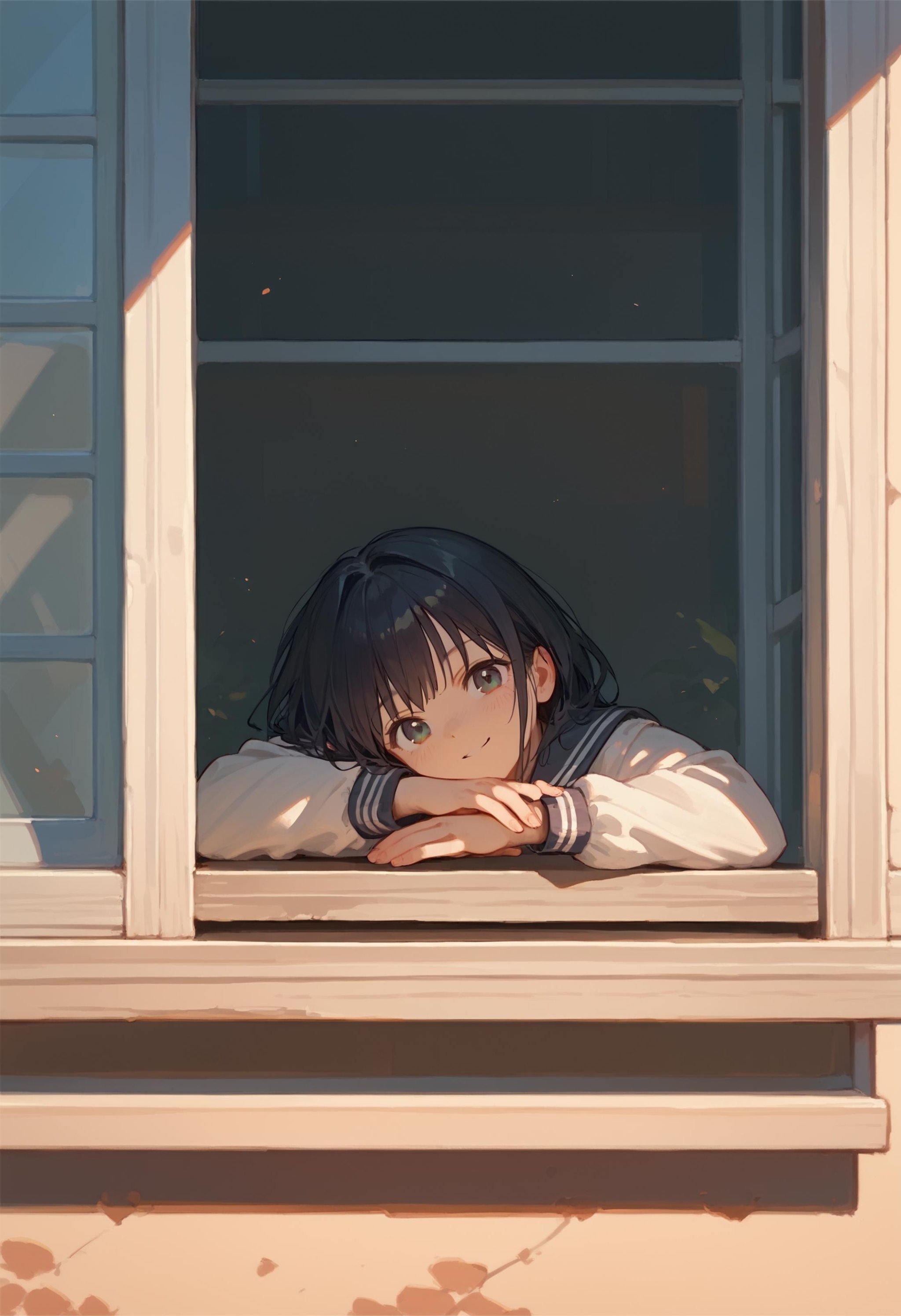 score_9, score_8_up, score_7_up, 1girl, head rest arm rest, serafuku, school uniform, from outside window, looking at viewer, smile<lora:head_rest_arm_rest_pony_1:1><lora:from_outside_window_24re_pony_2_d4:1>