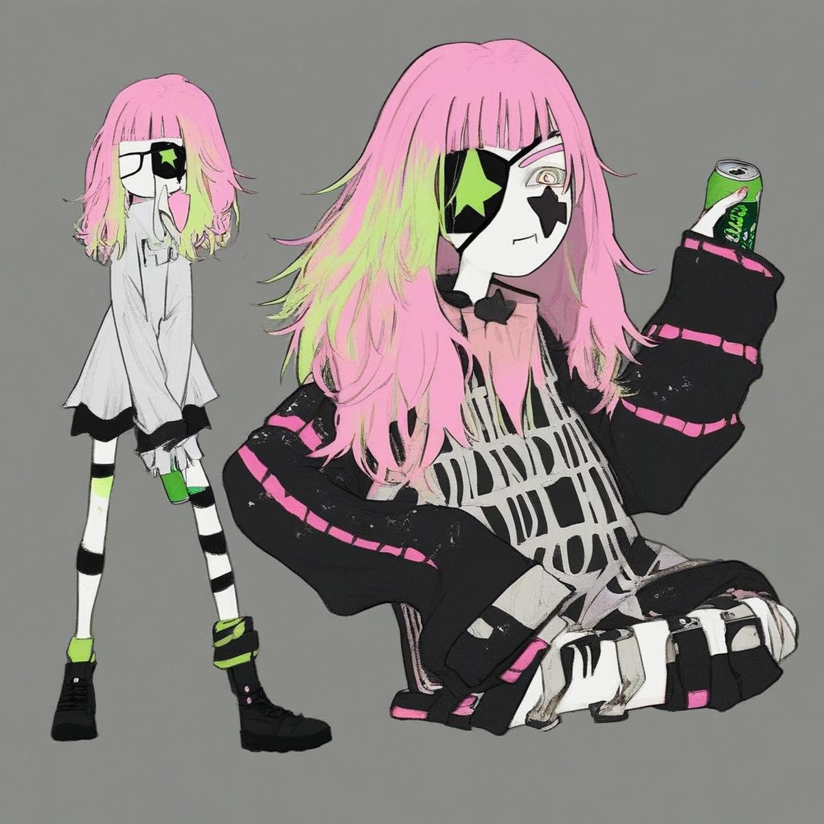 long black shoes with belts,  sleeves over hands,  star on eyepatch by hush_puppers on Tensor.Art