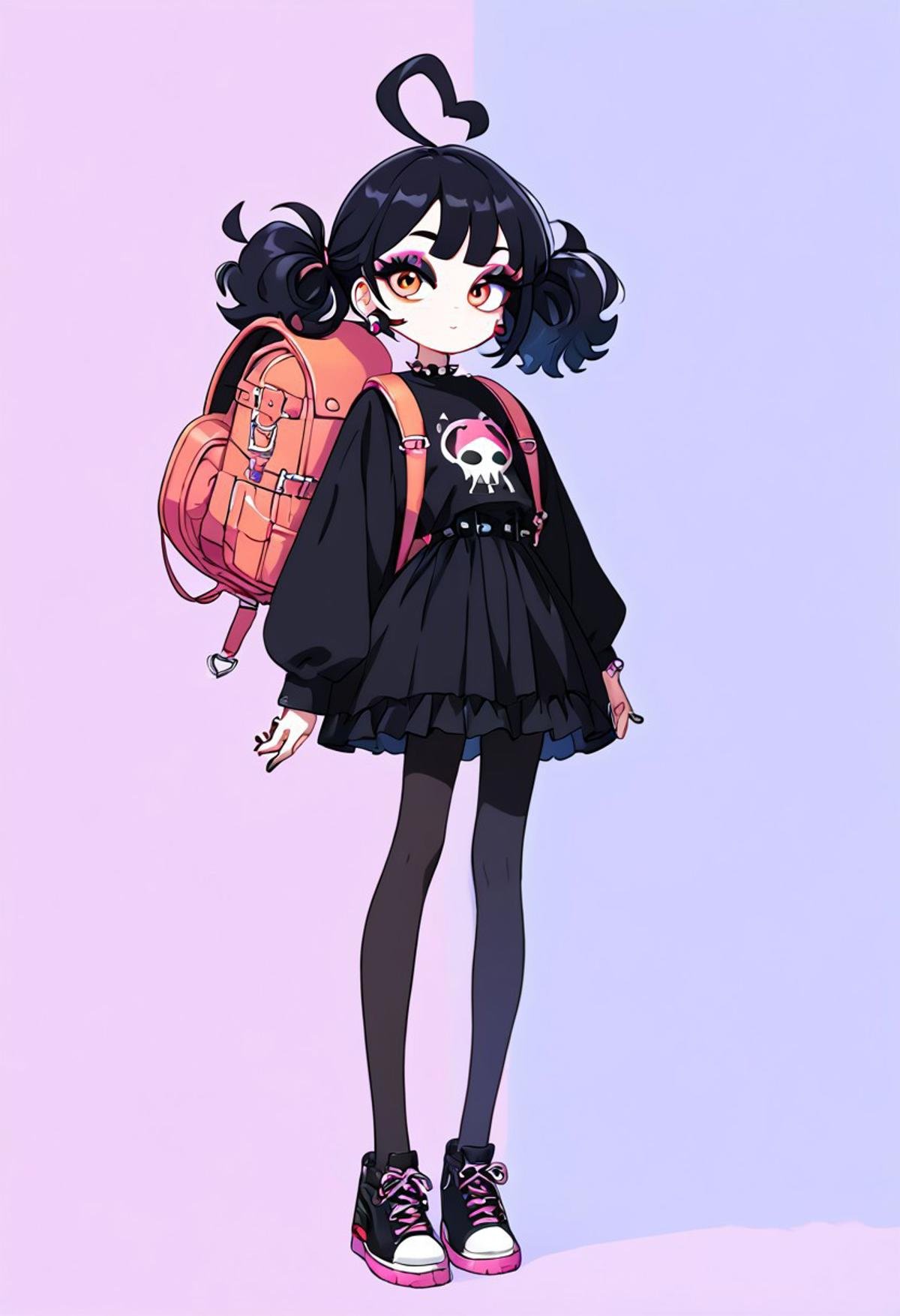 score_9, score_8_up, score_7_up, source_anime,anime keyvisual, cute anime style full body, gothic, slim girl, black hair, eyeshadow, pink and black clothes, orange eyes, indiferent face,backpack