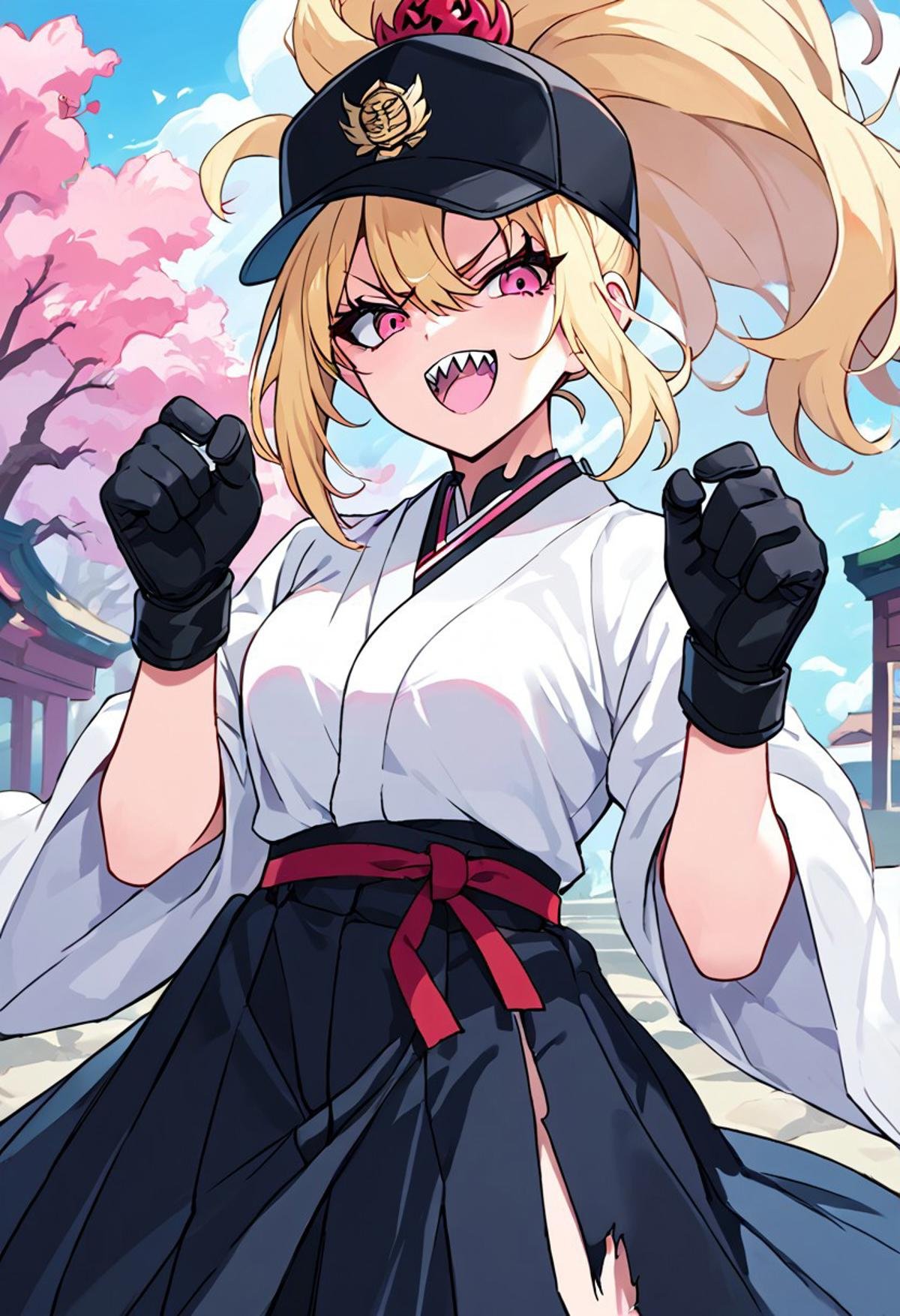 score_9, score_8_up, score_7_up, source_anime,anime keyvisual, delinquent girl, white japanese uniform, long skirt, torn skirt, blonde, ponytail in hair, menacing gaze, pink eyes, sharp teeth, martial artist gloves, black gloves, red waistband, black cap,