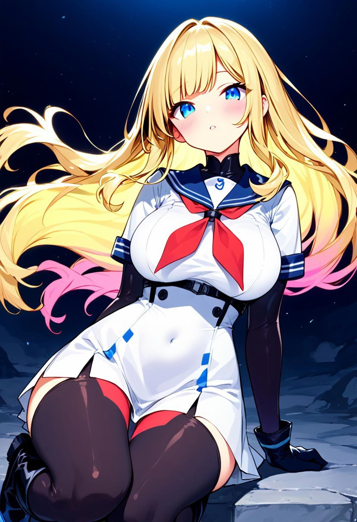 score_9,score_8_up,score_7_up,score_6_u,big breast, 1girl, blonde hair, blue eyes, long hair, looking at viewer, sailor collar, multicolored hair, bodysuit, gloves, red neckerchief, boots, white dress, bangs, black gloves, blush, two-tone hair, colored inner hair,