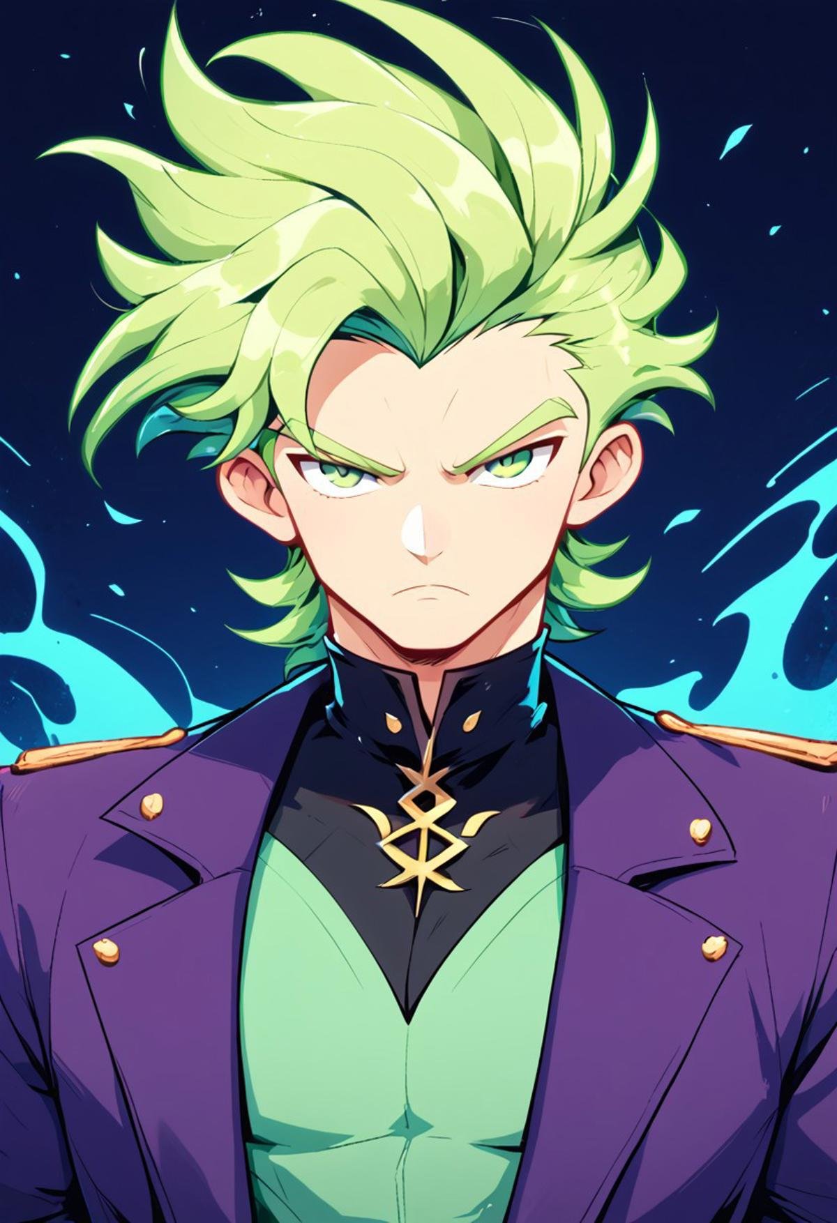 score_9,score_8_up,score_7_up,score_6_u,1boy,sharp hair, long spiky hairmounds, flamboyant hair, man, black and light green clothes, green eyes, pointy hair, serious face, Nyarlathotep, dynamic shot