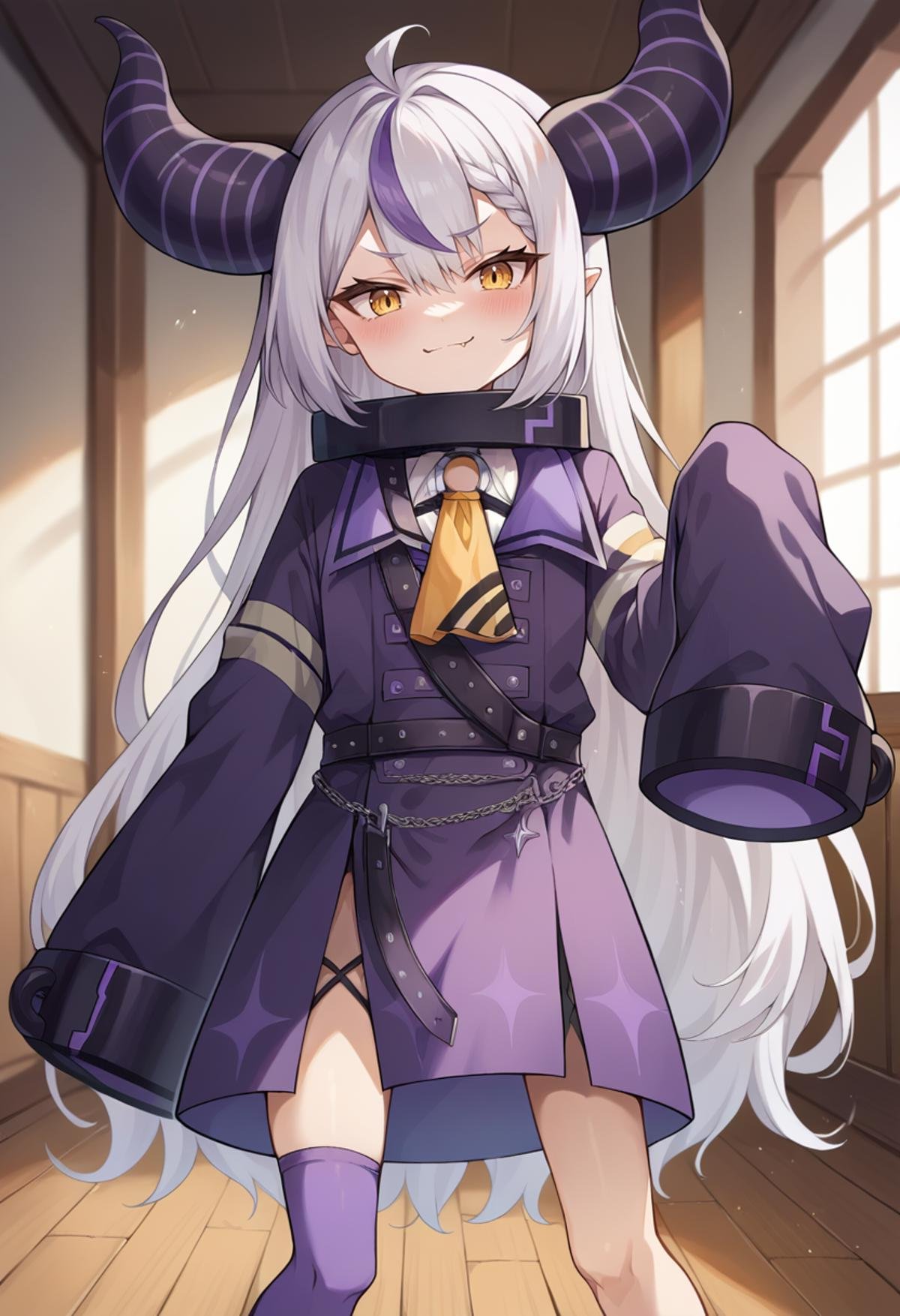 score_9, score_8_up, score_7_up, source_anime, masterpiece, 1girl, ct_l4plus, flat chest, metal collar, purple coat, yellow ascot, sleeves past fingers, single thighhigh, purple thighhigh indoors, looking at viewer, smile, skin fang, blush, wooden floor, hand up, standing, cowboy shot, portrait,<lora:Laplus_Darkness_Pony_ct:0.9>