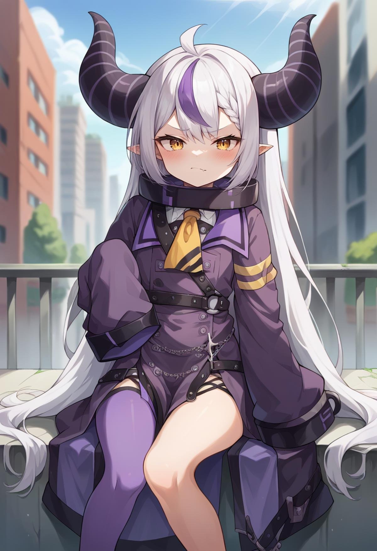 score_9, score_8_up, score_7_up, source_anime, masterpiece, 1girl, ct_l4plus, metal collar, purple coat, yellow ascot, sleeves past fingers, single thighhigh, purple thighhigh, hand up, looking at viewer, outdoors, city, day, depth of field, flat chest, portrait, blush, skin fang, sitting, <lora:Laplus_Darkness_Pony_ct:0.9>