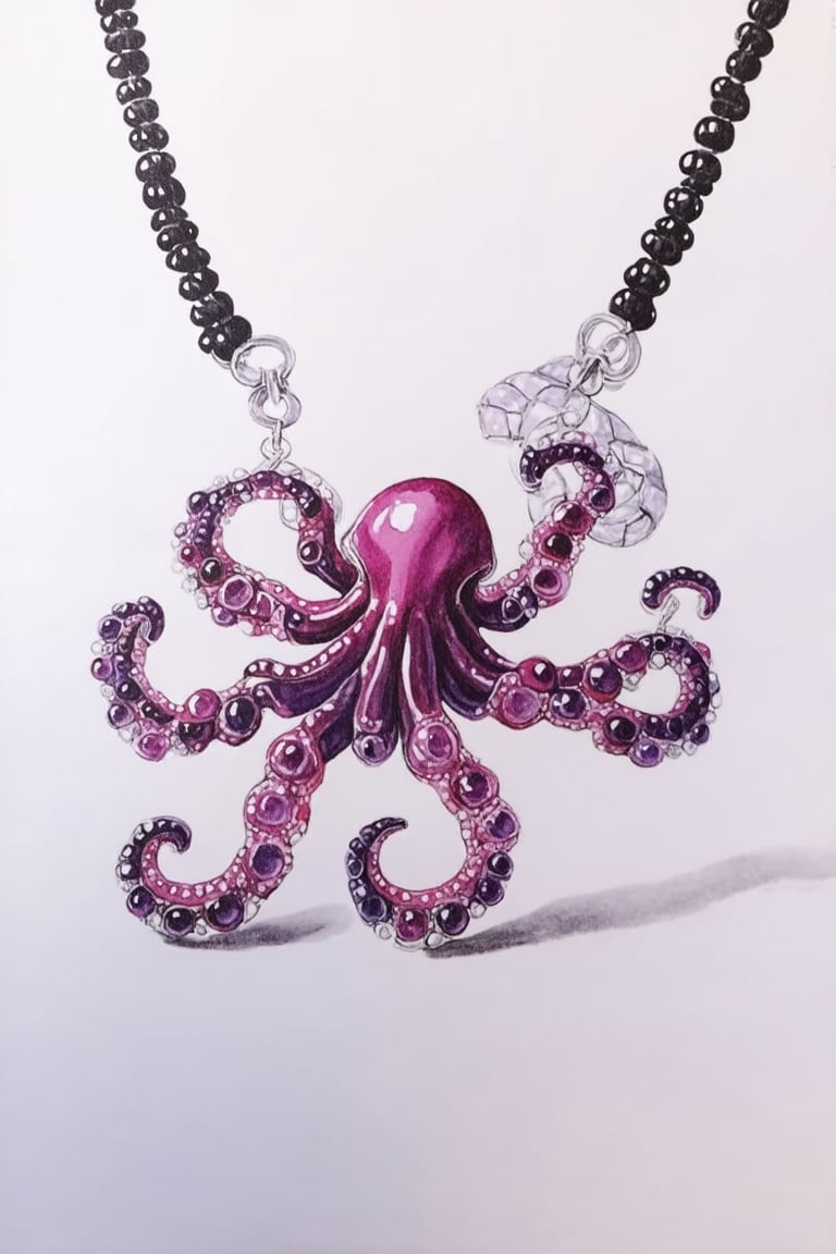 jewelry design,sketch,watercolor,hand-drawn,A close-up shot of a luxurious octopus-tentacle-inspired necklace against a soft, white background. The necklace's delicate tendrils curl around the subject's neck, adorned with vibrant pink and purple gemstones that seem to glow in the warm light. A subtle sheen on the metal gives it an air of sophistication.