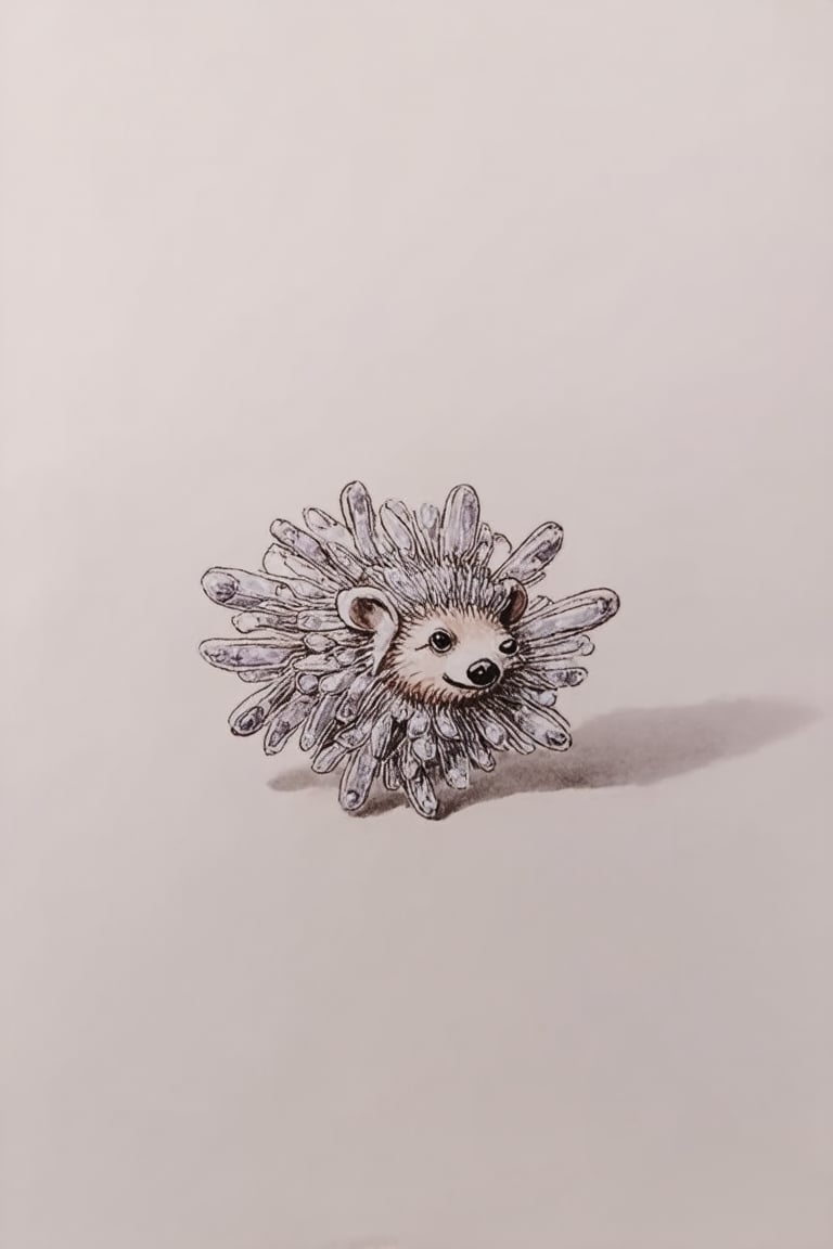 jewelry design,sketch,watercolor,hand-drawn,close-up shot of a delicate, intricate earring designed in the shape of a hedgehog. The textured quills and rounded body are expertly crafted from silver or gold, with subtle shading and highlighting that captures the piece's three-dimensionality. A dainty stud at the top holds the earring securely to the earlobe. Soft, warm lighting enhances the details, casting a gentle glow on the intricate workmanship.