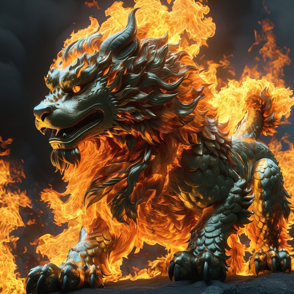 a cinematic shot of a burning fantasy mythical foo dog, fire, hyper detailed, 16K, HDR, raytraced, upscaled, fmb