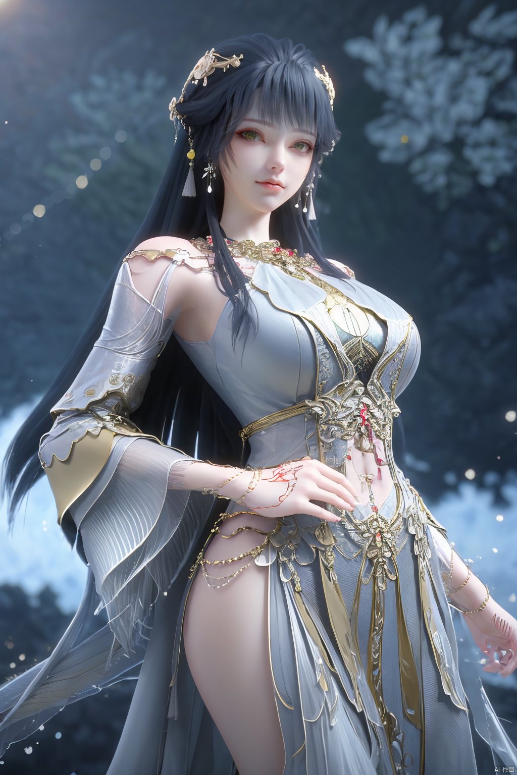 (Masterpiece:1.2), best quality,1girl, looking_at_viewer,(big breasts:1.39),Xyaoye,Large aperture, blurred background, spring scene,flowers,Xsimiaoling,full moon,Xbaiyuerong