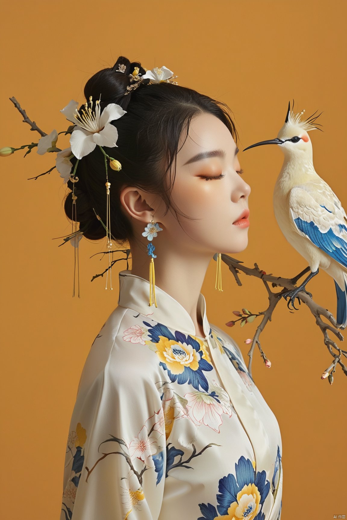 new chinese style,1girl,solo,closed eyes,black hair,hair bun,flower,bird,hair ornament,standing,blush,long sleeves,yellow background,crane (animal),double bun,blue flower,bangs,white flower, symmetrical composition,, masterpiece,best quality,very aesthetic,absurdres,