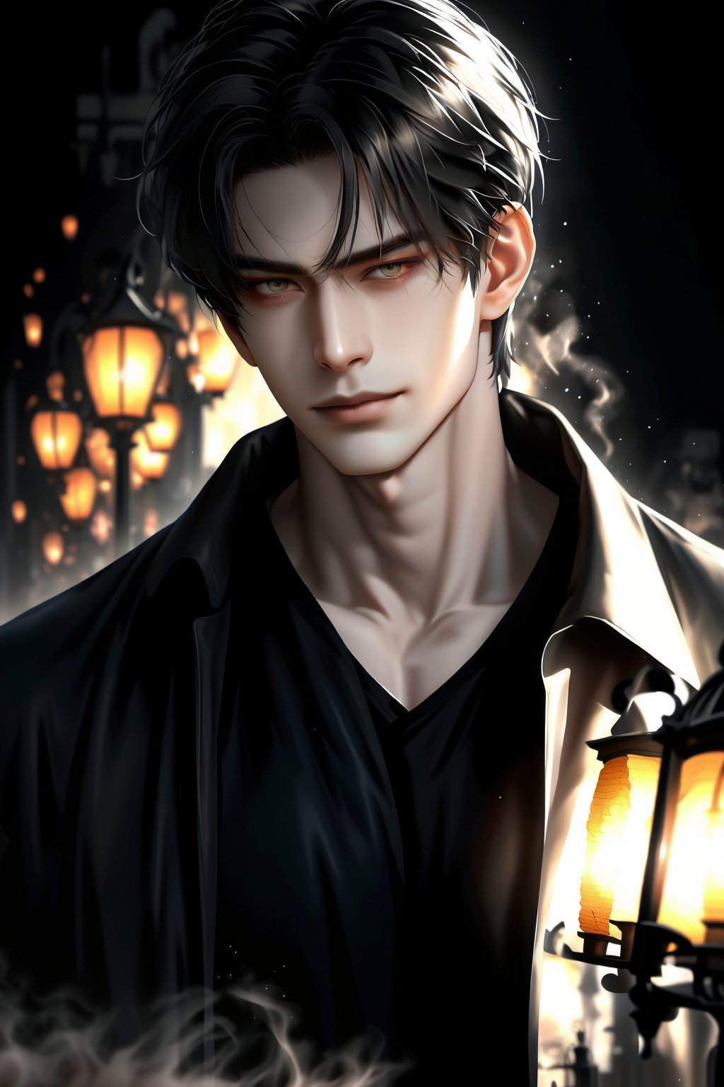 A moody nighttime landscape with a misty fog rolling in, sets the stage for a brooding young man with chiseled features and piercing eyes. The boy's angular jawline and sharp cheekbones are illuminated by the soft glow of lanterns, as he stands tall, his long black coat billowing behind him like a dark cloud. His full lips curve into a subtle smile, hinting at a secret only known to him.,h1nds0me