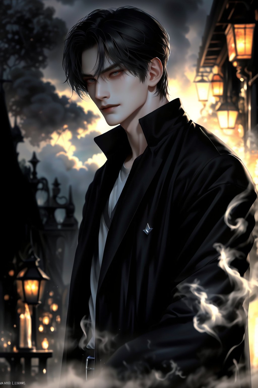 A moody nighttime landscape with a misty fog rolling in, sets the stage for a brooding young man with chiseled features and piercing eyes. The boy's angular jawline and sharp cheekbones are illuminated by the soft glow of lanterns, as he stands tall, his long black coat billowing behind him like a dark cloud. His full lips curve into a subtle smile, hinting at a secret only known to him.,h1nds0me