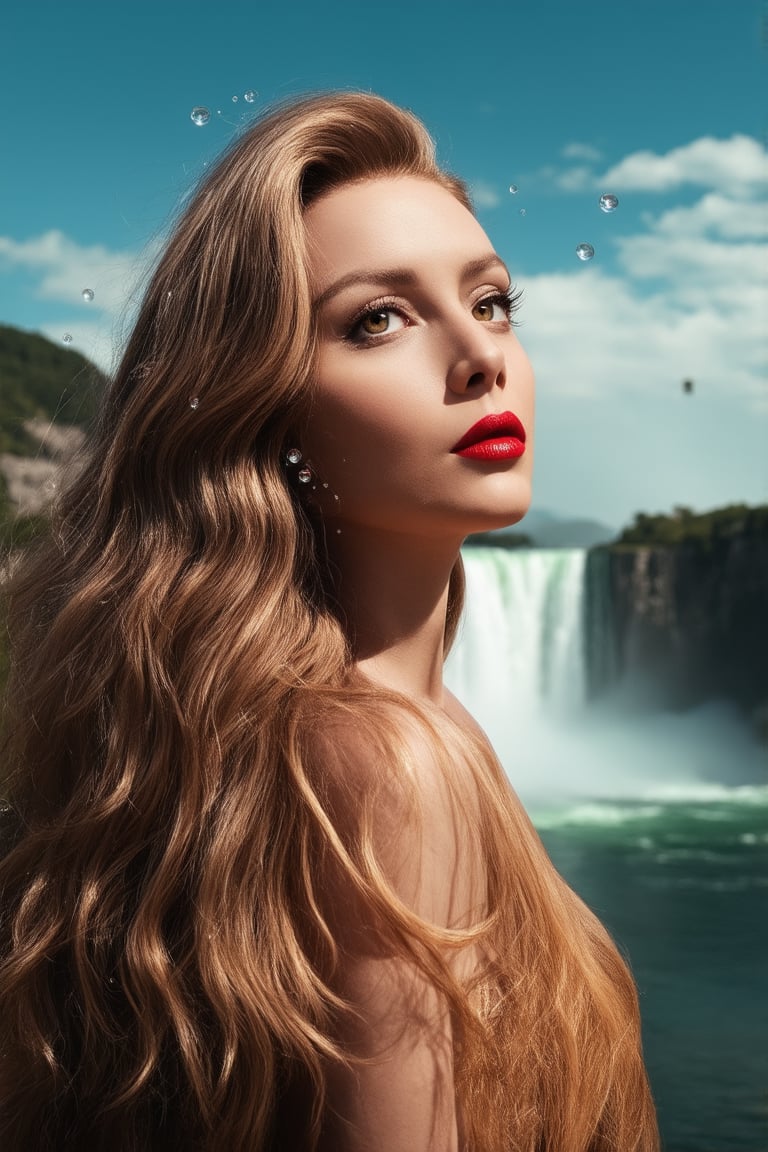  Niagra Falls background setting backdrop((Introduce quality iteratively))((unambiguous unequivocal sampling))((award winning Jeanne Crain bubbles Peter Stackpole, long full wavy shiny ebullient head of hair, intense stare, large speclar glinting glimmering enchanting eyes, bold makeup, vivid lipstick, confident pose, warm tones))((Surreal Glow, Crimson Flow, Enigmatic Essence, Dreamlike Tranquility, Luminous Contrast))((exposure POP!!!)(extreme depth of field)(bokah effect)(old photo effect)(soulical black point)