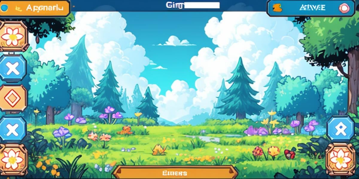 HEZI, Game UI, Pixel style, game style, game interface, gameplay mechanics, tree, grass, outdoors, nature, flower, no humans, forest, cloud, day, sky, english text, health bar, pokemon \(creature\), bush, fake screenshot, blue sky, user interface, cloudy sky, slime \(genshin impact\), yellow flower, pine tree, red flower, mountain<lora:横板像素游戏ui-000009:0.7>,