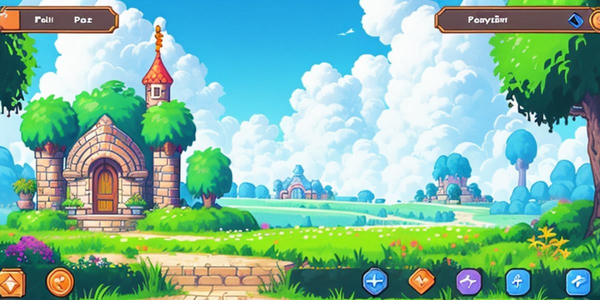 HEZI, Game UI, Pixel style, game style, game interface, outdoors, grass, tree, scenery, no humans, cloud, day, sky, blue sky, fake screenshot, gameplay mechanics, building, flower, path, house, bush, tower, nature, cloudy sky, plant, door, rock, castle,<lora:横板像素游戏ui-000009:0.7>,