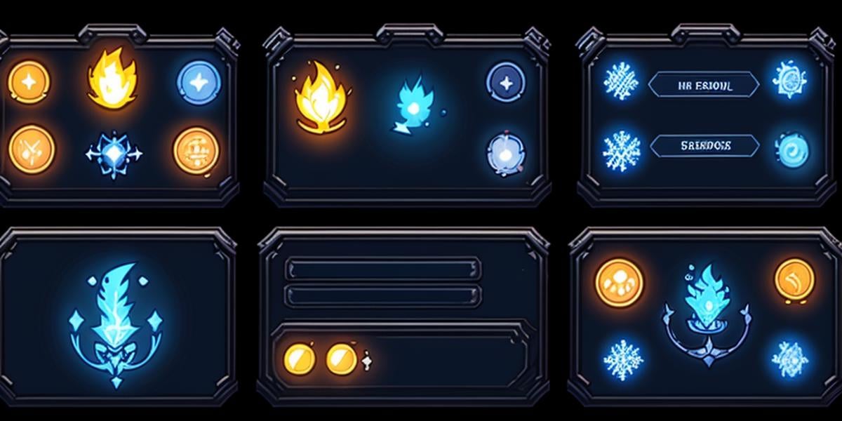 HEZI, Game UI, Pixel style, game style, game interface, no humans, english text, fire, black background, gameplay mechanics, glowing, pokemon \(creature\), snowflakes, spoon, crystal, floating, artist name, weapon, ice, blue fire,<lora:横板像素游戏ui-000009:0.7>,