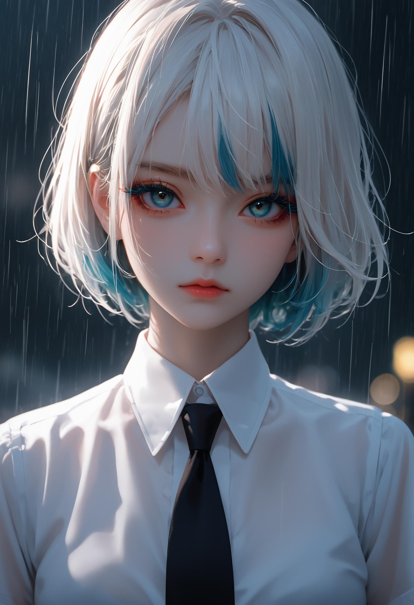 1girl,hskdmnd,crystal hair,colored eyelashes,multicolored hair,short hair,black shirt,puffy short sleeves,collared shirt,black necktie,white elbow gloves,looking at viewer,expressionless,dark background,rain,, score_9,score_8_up,score_7_up,source_cartoon,source_anime,dramatic lighting,highly detailed,high budget,bokeh,cinemascope,moody,epic,gorgeous,film grain,grainy,masterpiece,best quality,perfect anatomy,very aesthetic,official art,8k,